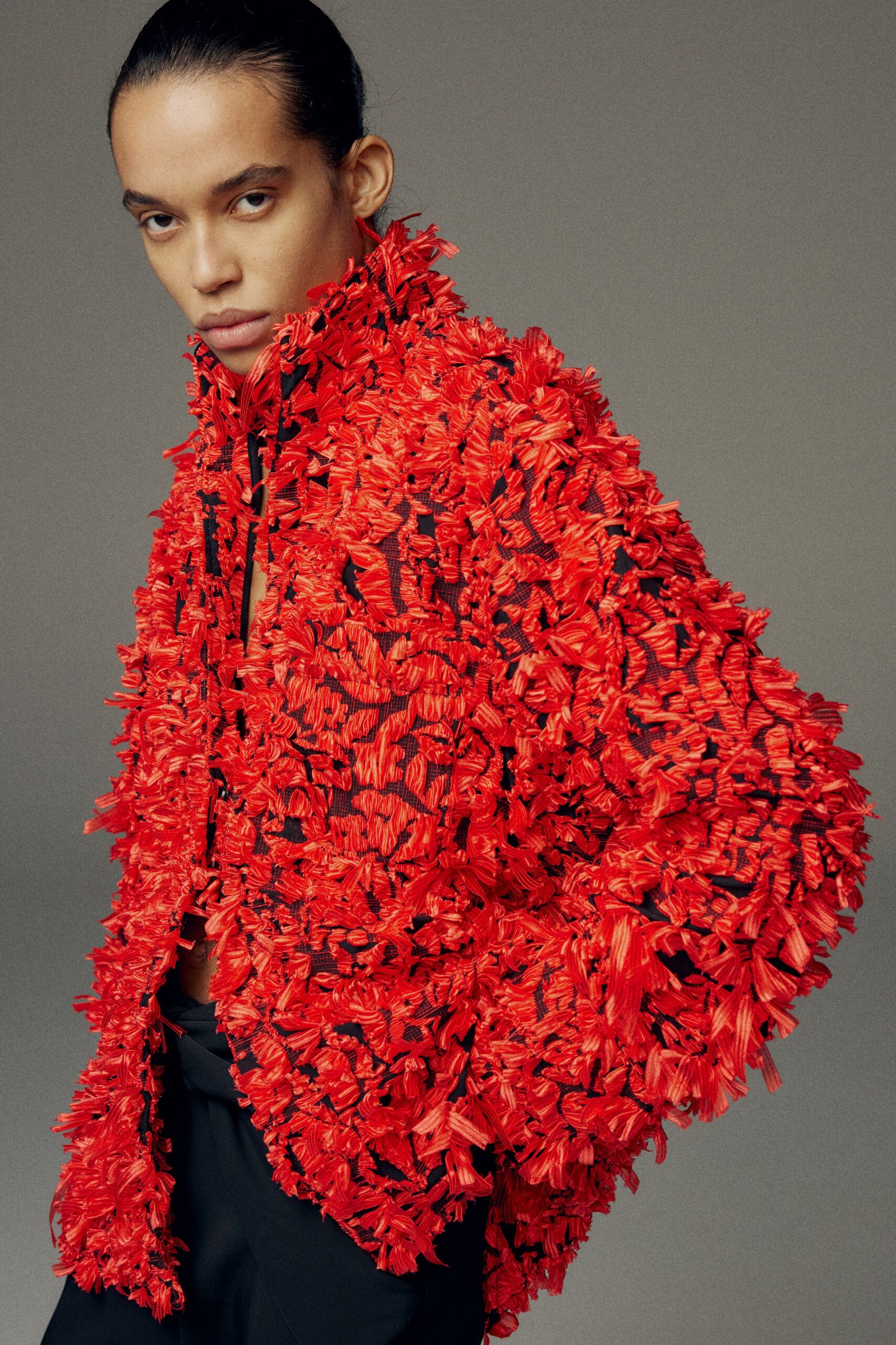 red silk long-sleeve collared oversized fringed jacket