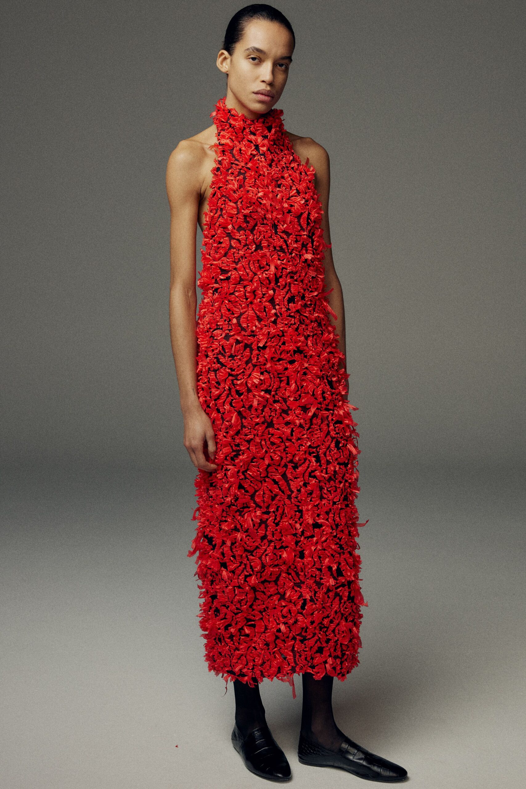 red sleeveless high-neck fitted ruffled midi dress
