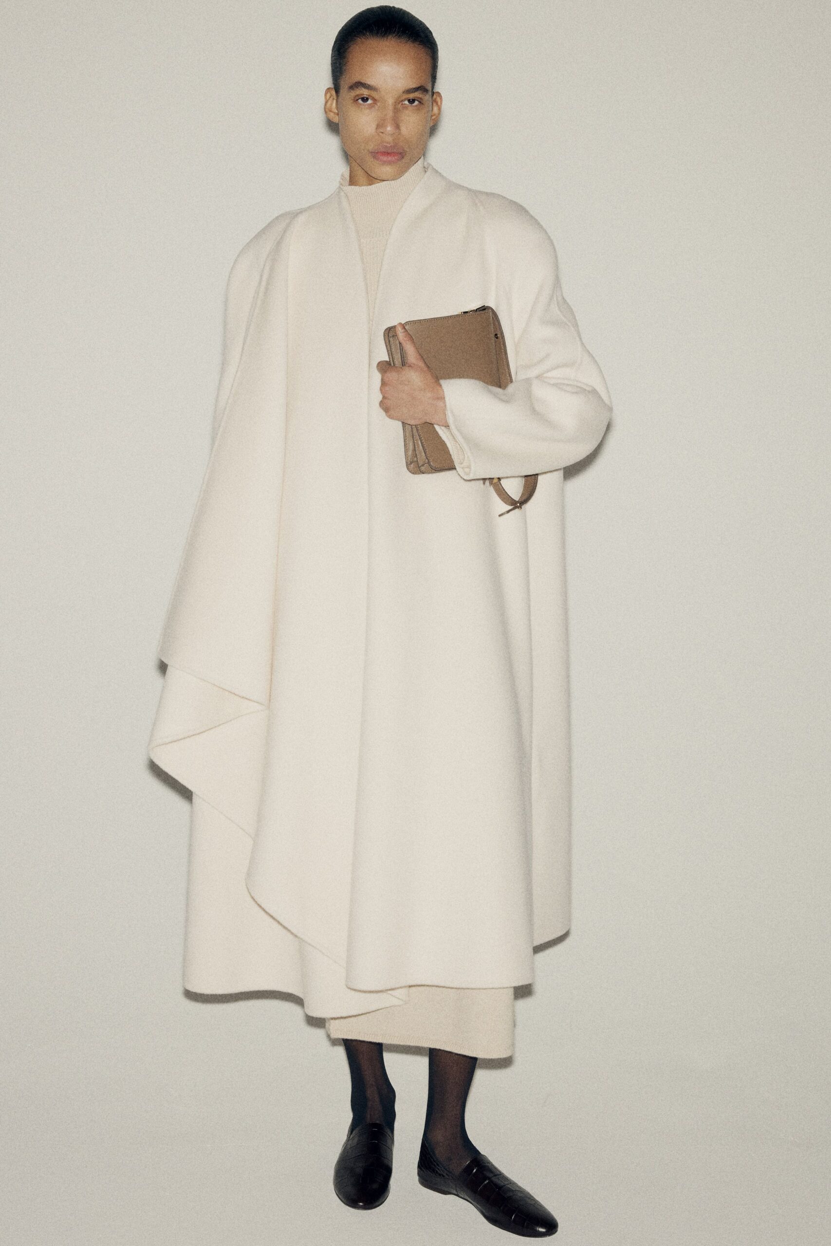 white wool long-sleeve relaxed draped maxi coat