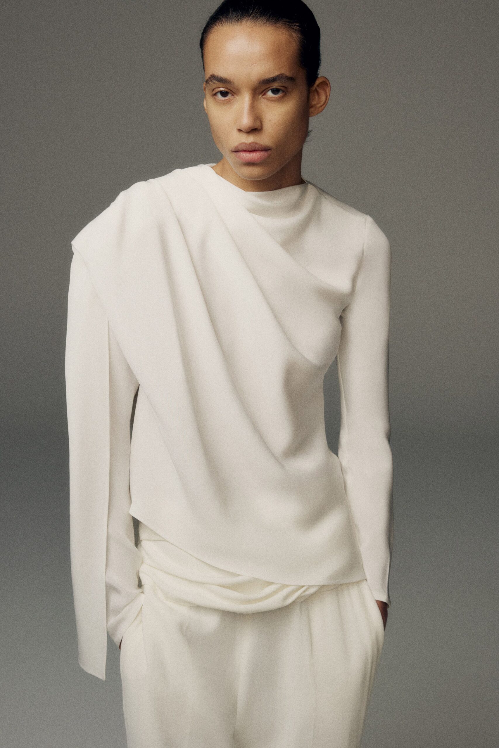 white silk fitted layered pants
