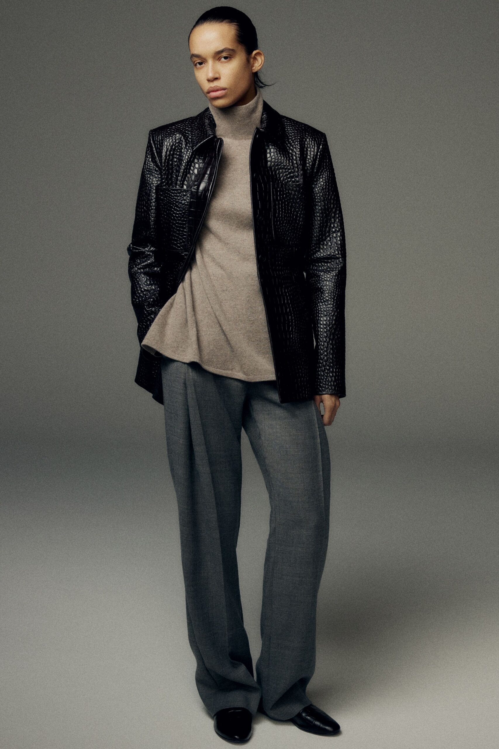 black leather long-sleeve fitted textured jacket