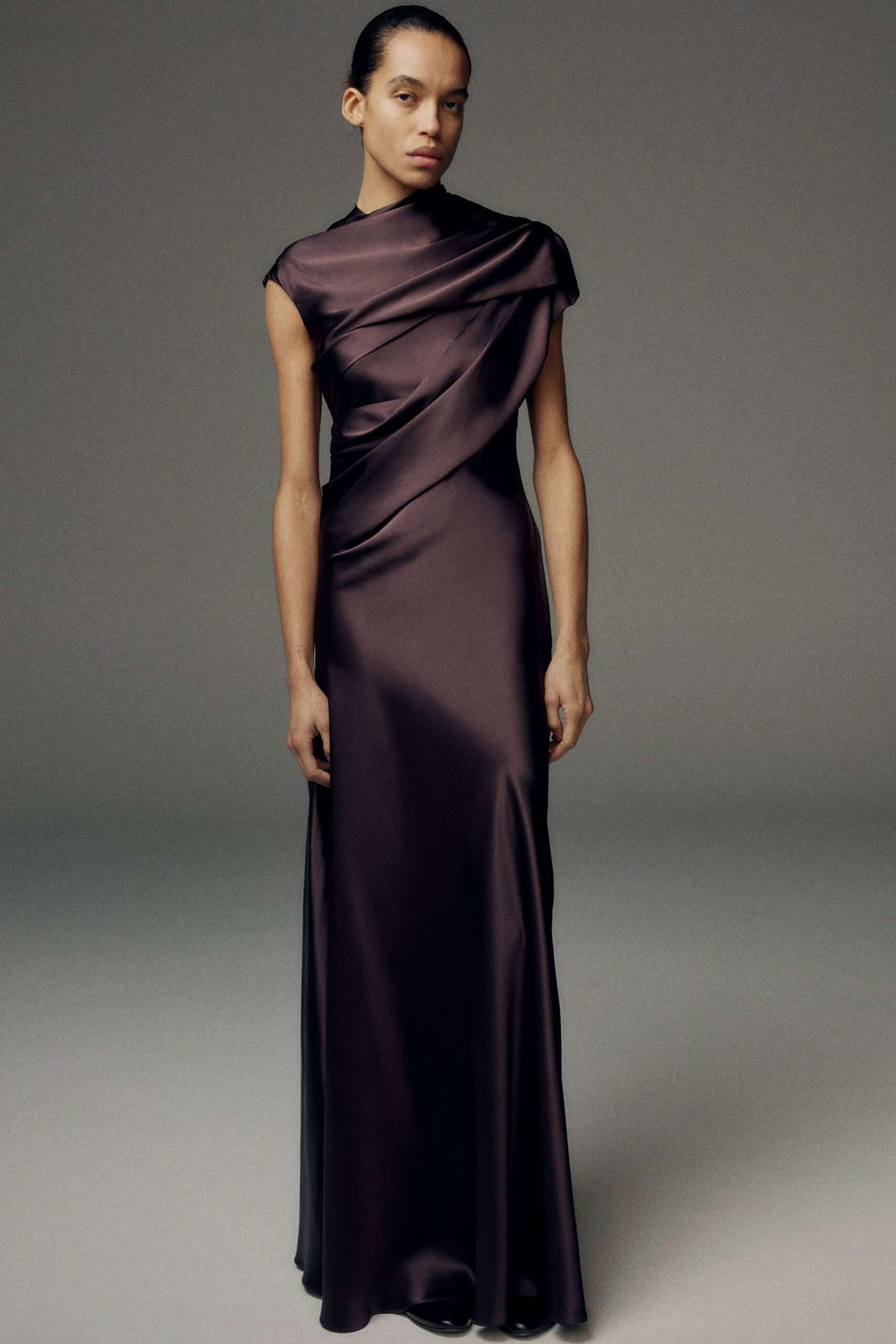 fitted purple silk gown