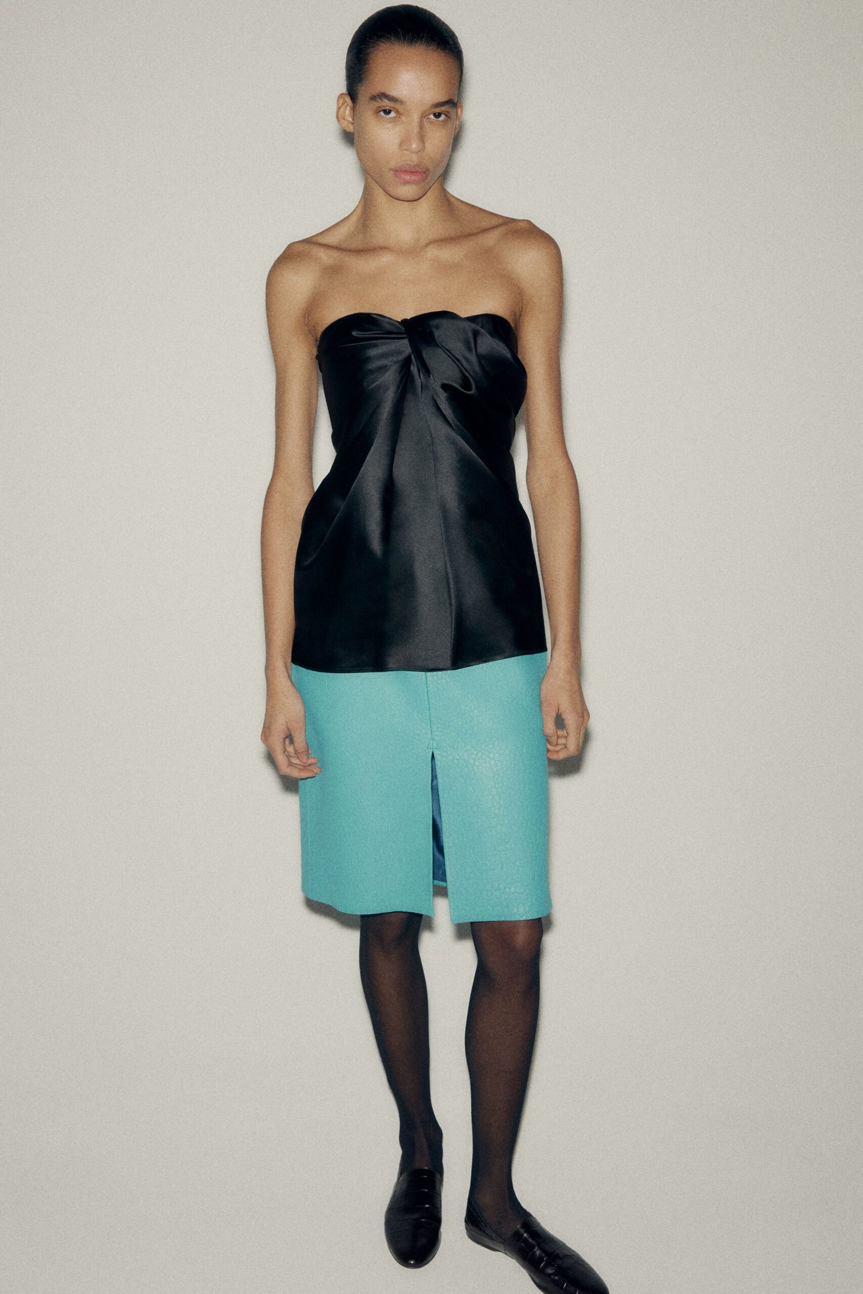 blue cotton slit fitted high-waisted pencil skirt