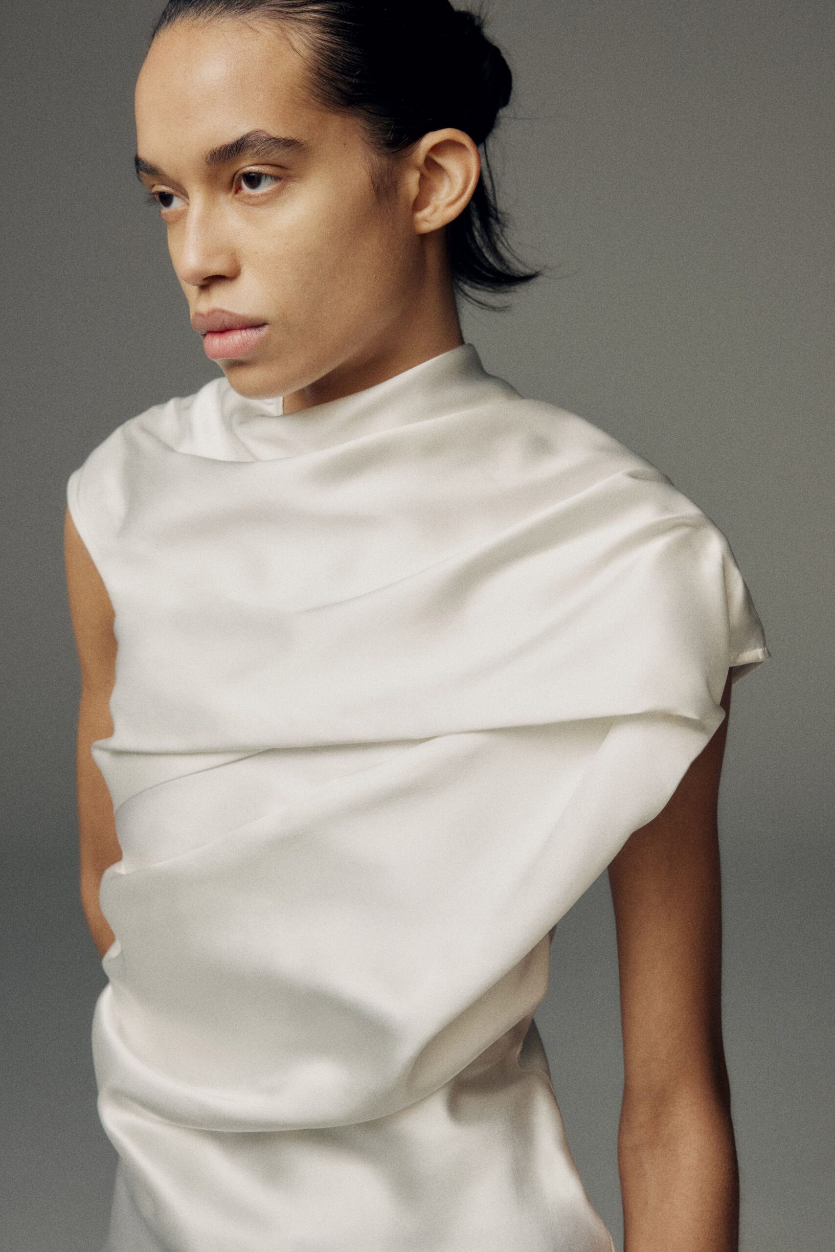 white silk fitted dress