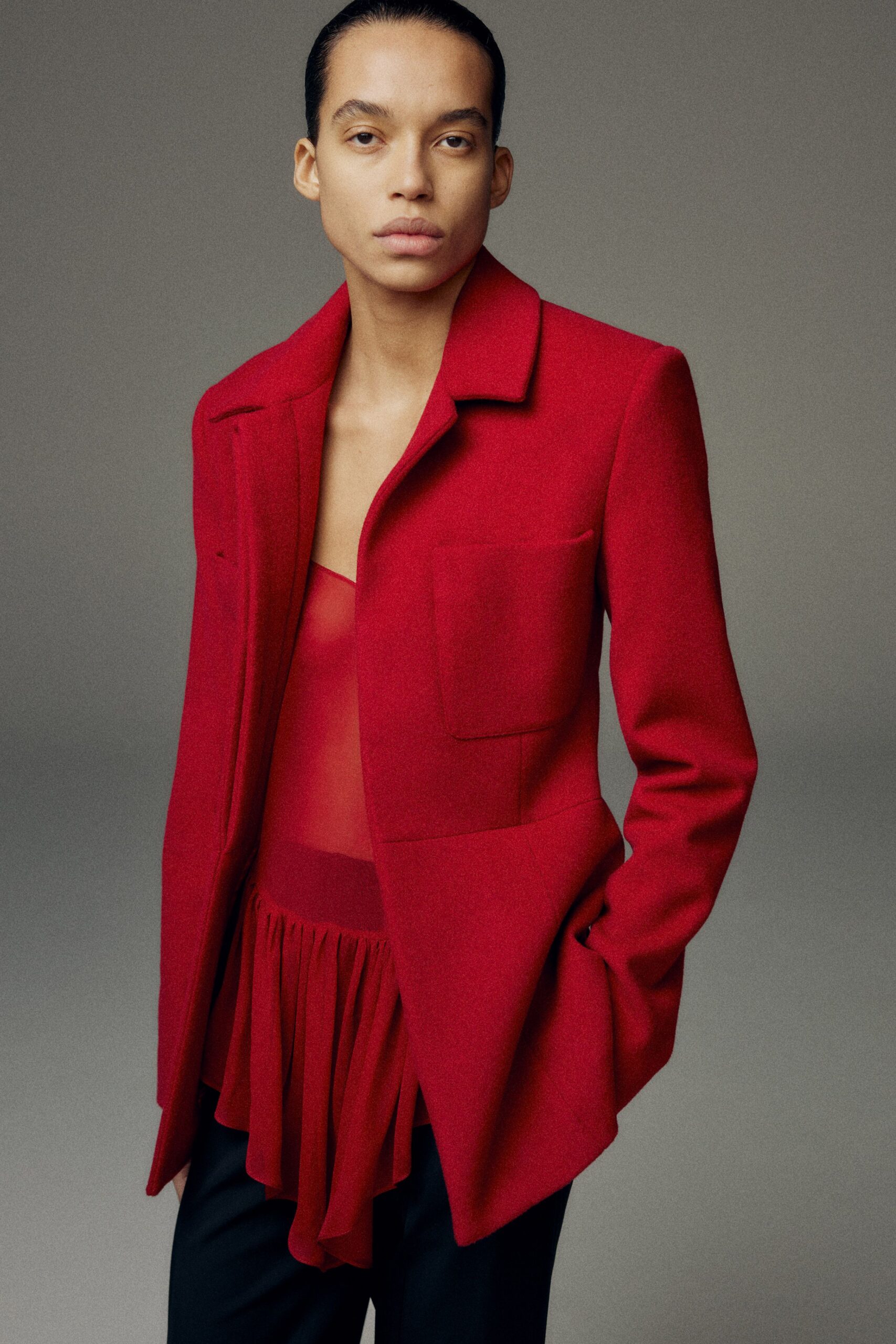 red silk sleeveless v-neck fitted layered sheer top