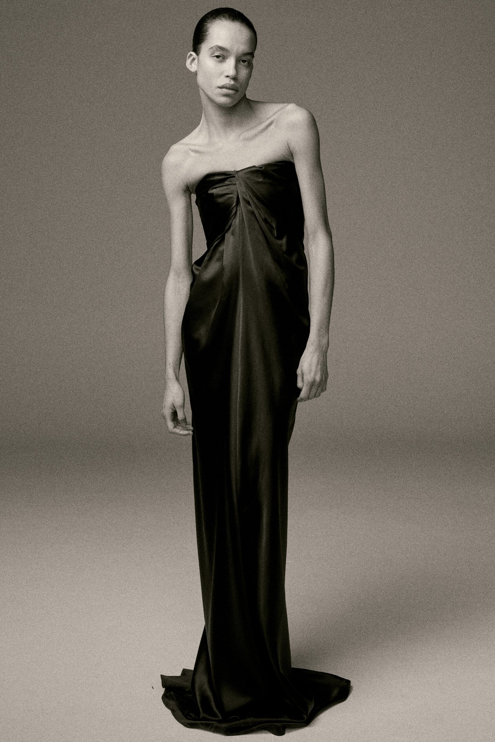 black silk strapless gown