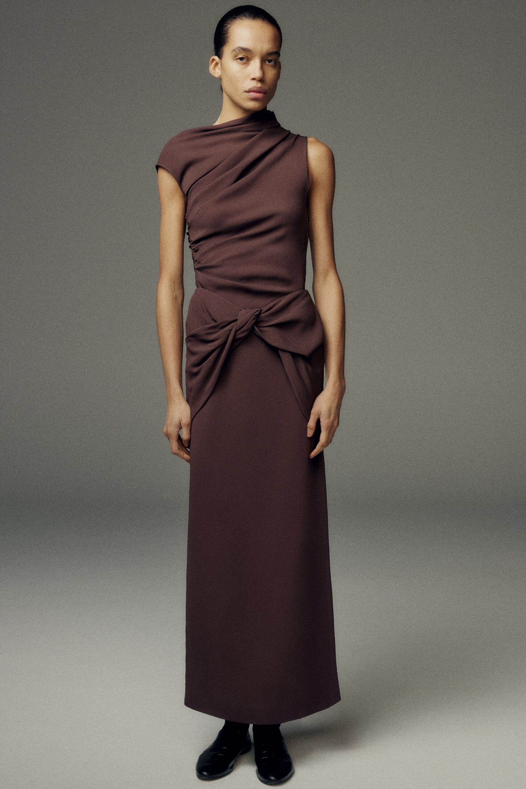 brown cotton sleeveless high-neck fitted draped ruched gown