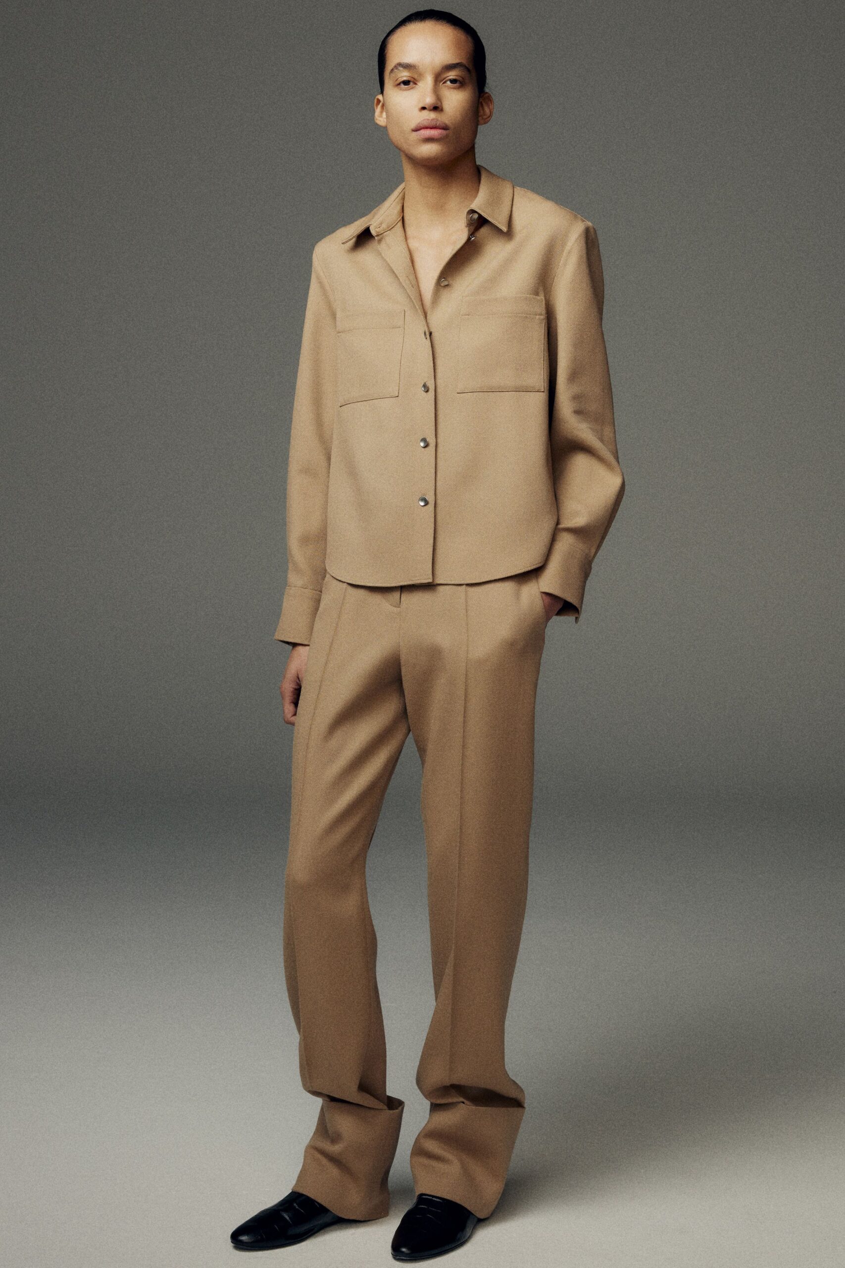 beige cotton tailored straight-leg pants