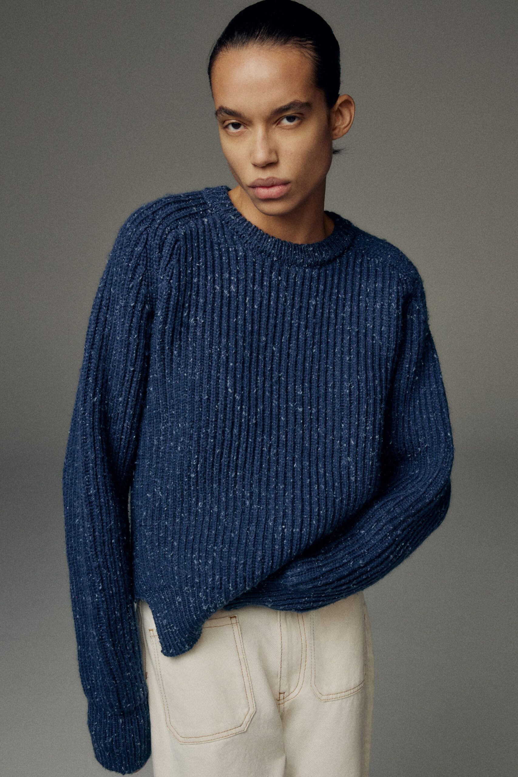 blue wool long-sleeve collared oversized ribbed sweater