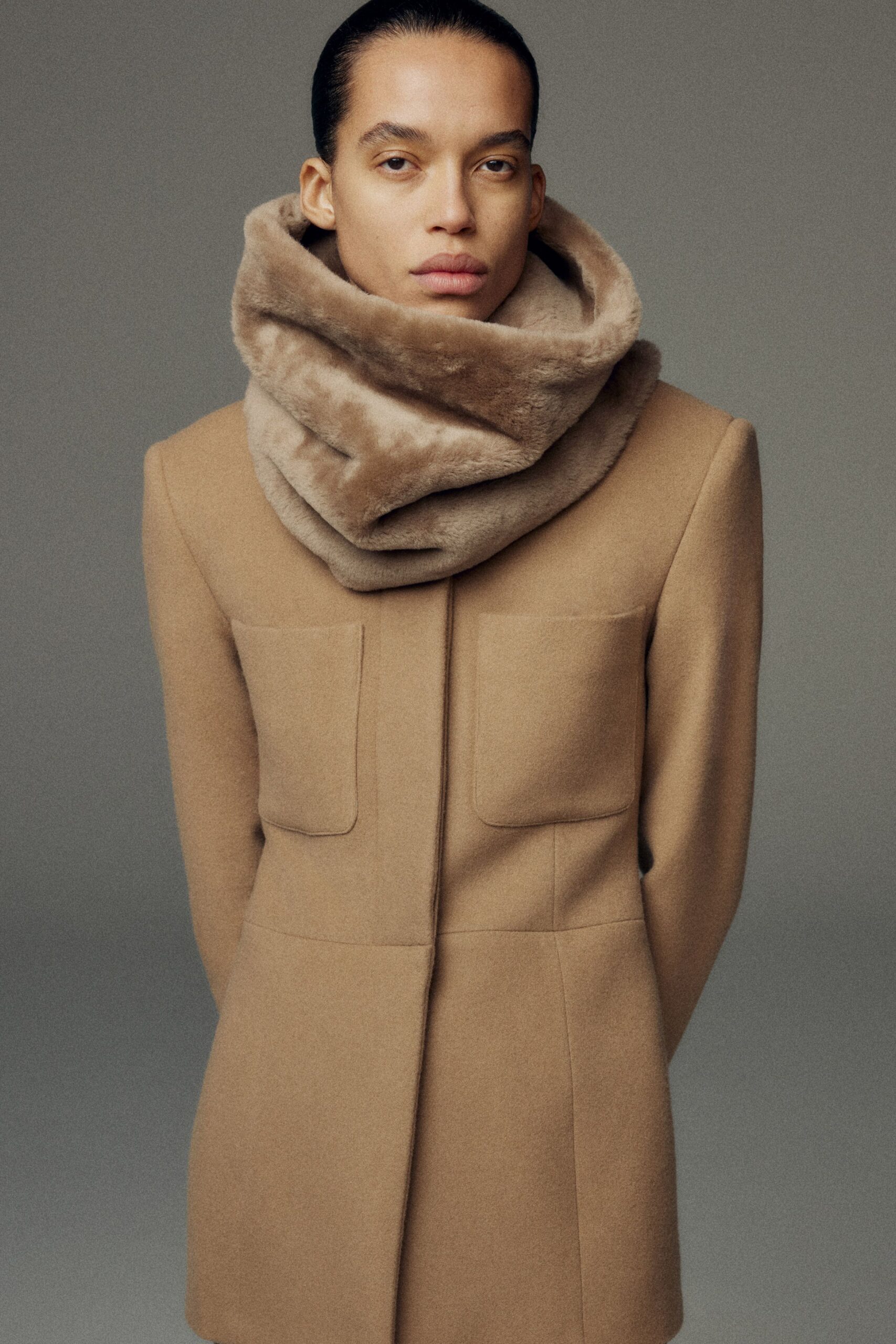 brown wool long-sleeve collared structured buttoned pockets coat