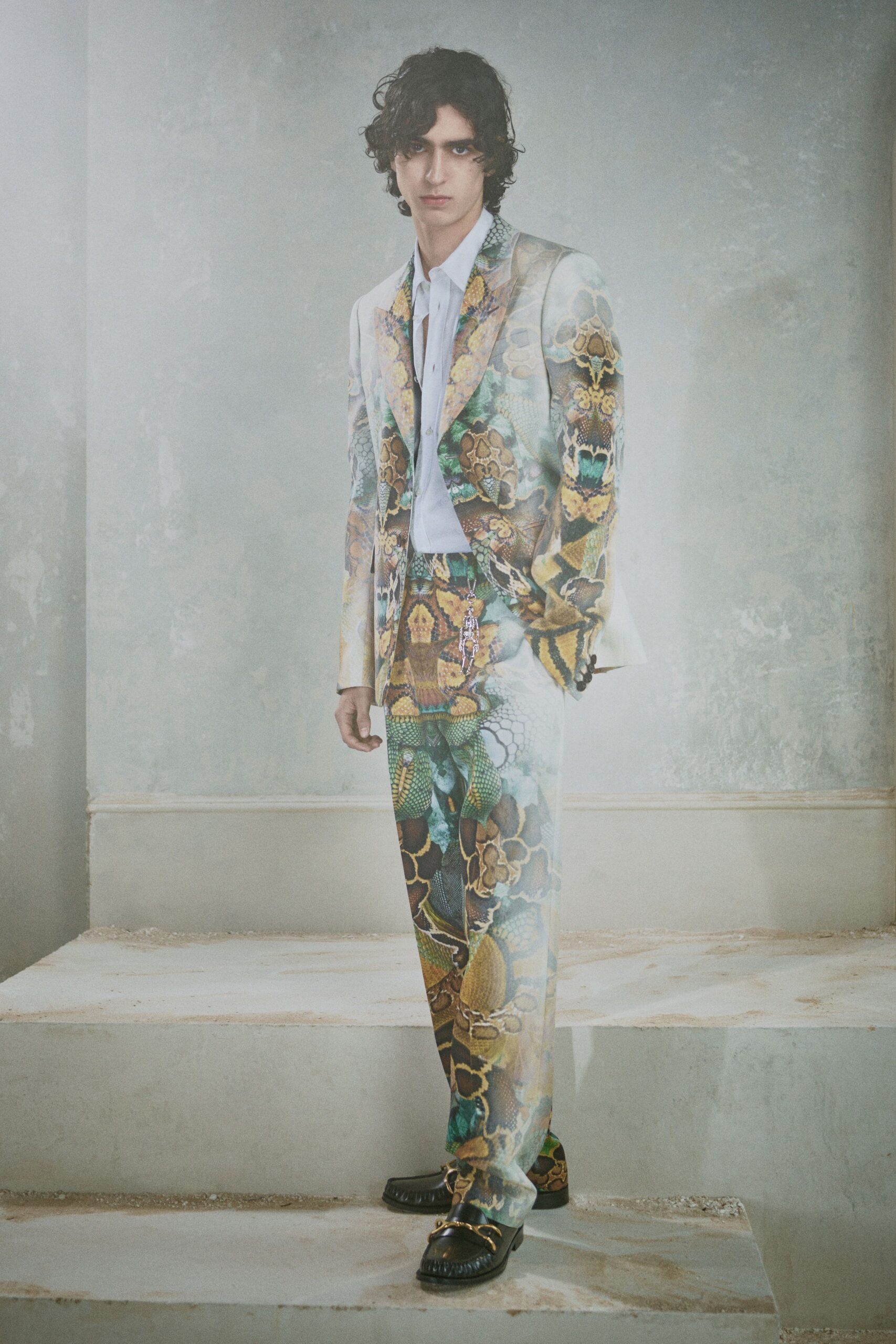 multi silk long-sleeve collared tailored embroidered printed suit