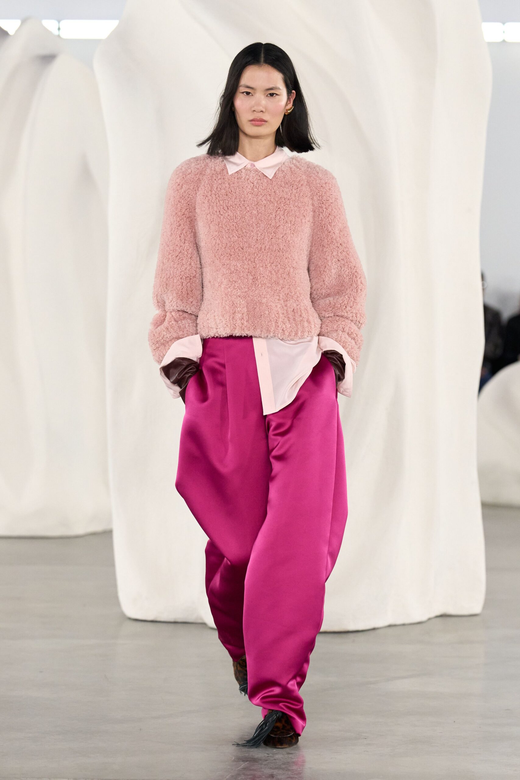 pink wool long-sleeve collared relaxed textured sweater