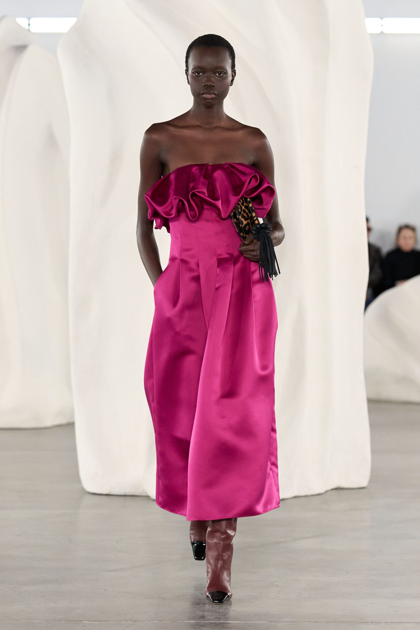 pink satin strapless fitted ruffled midi dress