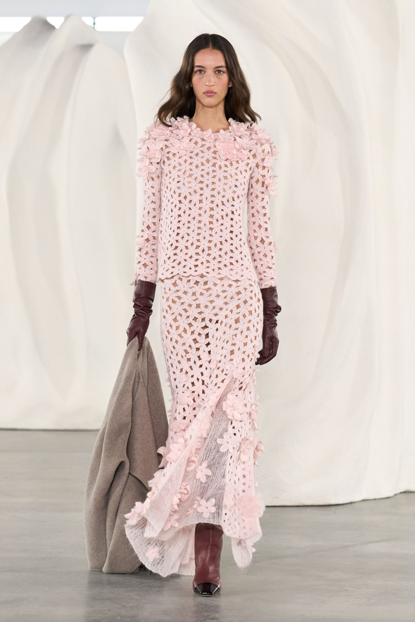 pink cotton long-sleeve v-neck fitted embroidered layered dress