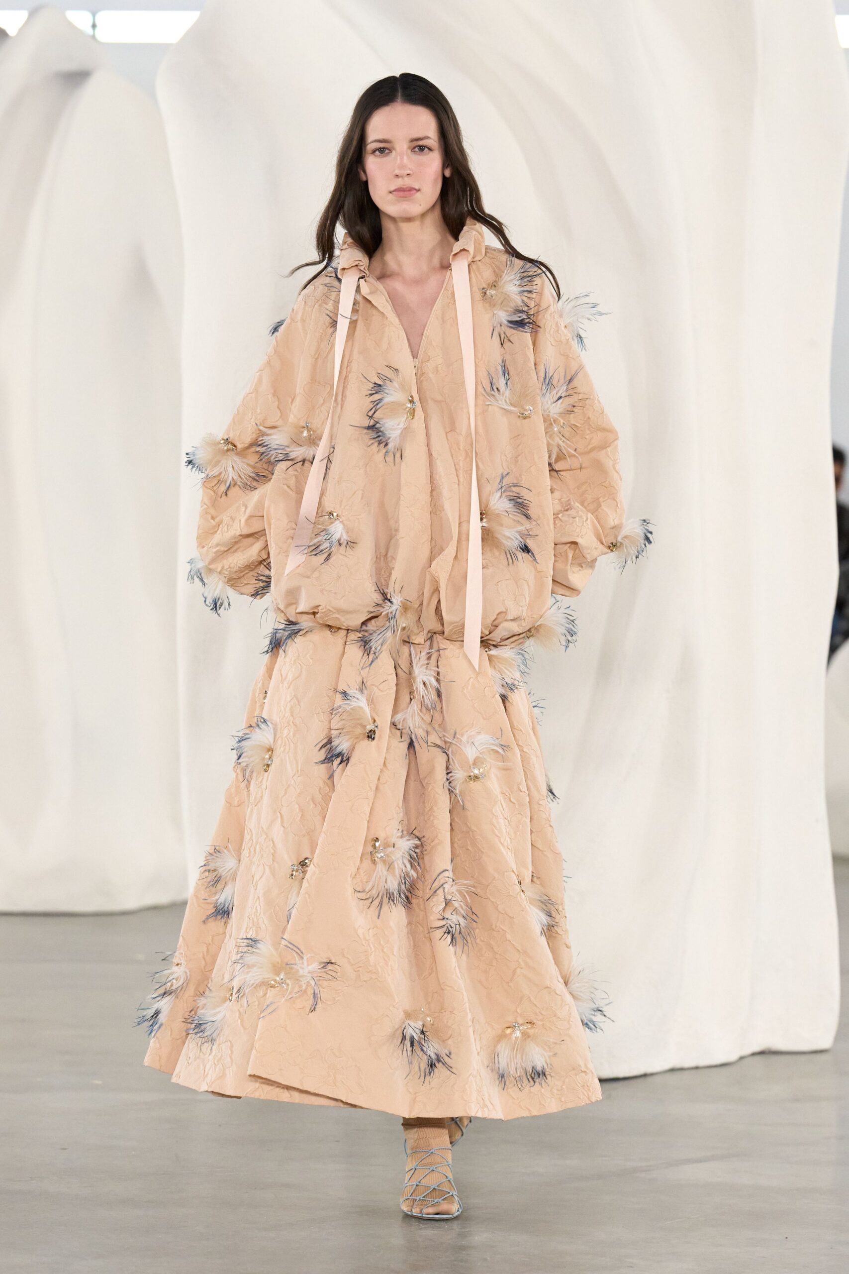 coral silk long-sleeve collared oversized embroidered jacket
