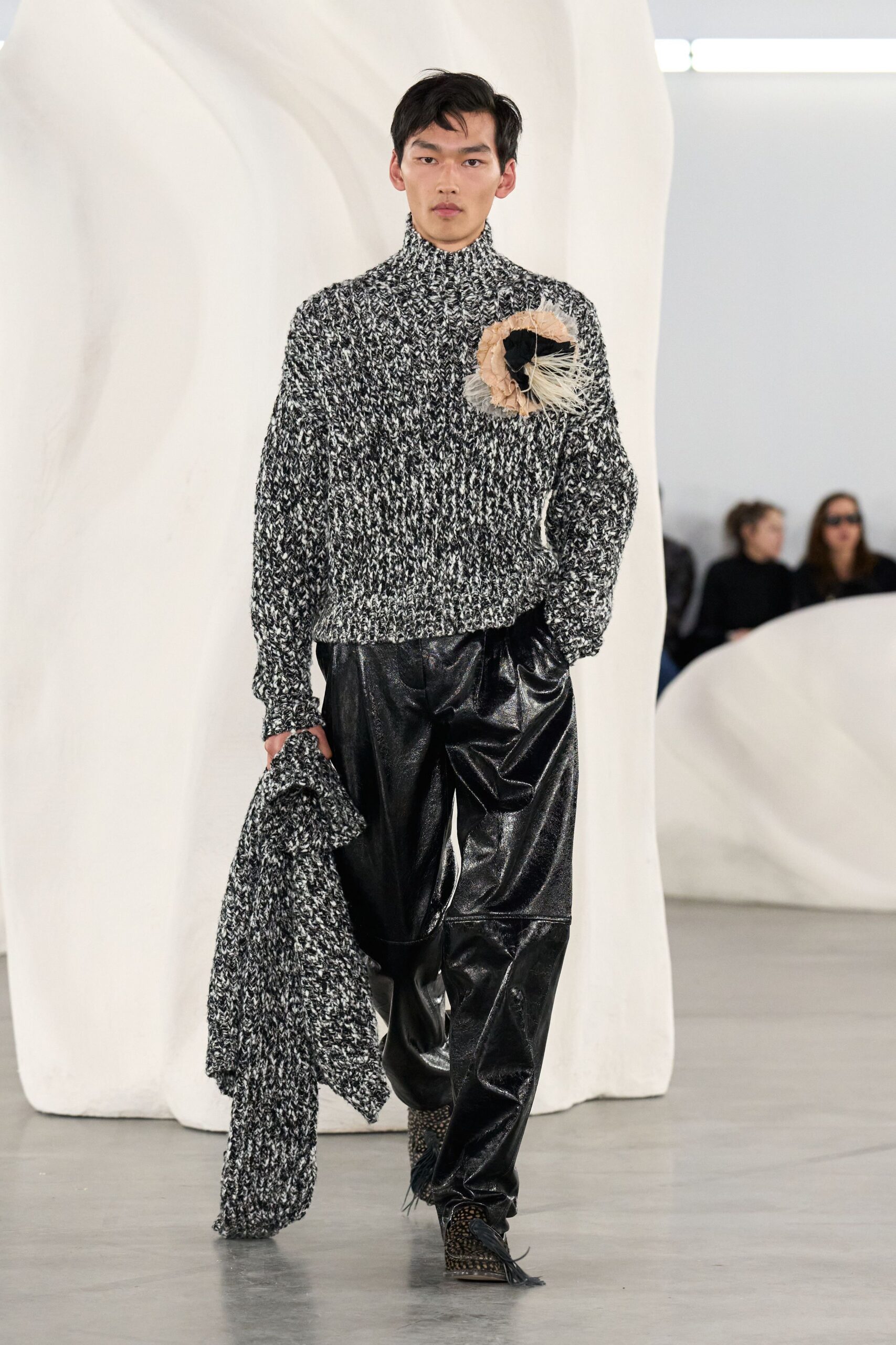black vinyl fitted straight-leg shiny pants