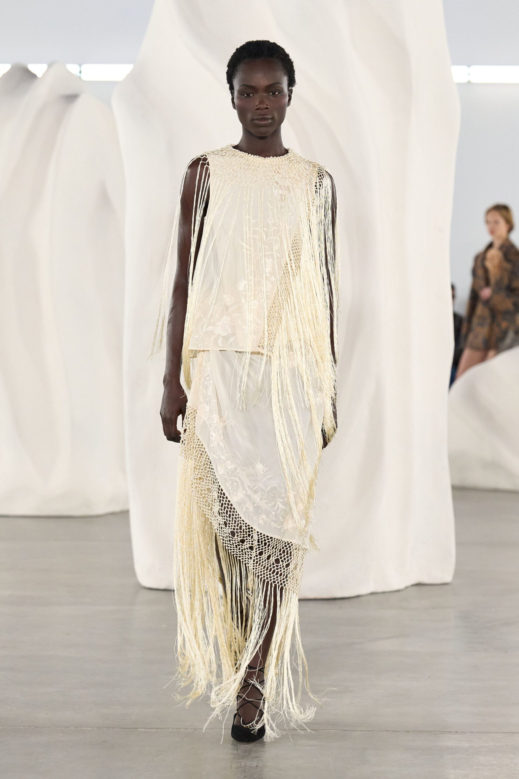 white silk sleeveless fitted fringed layered sheer dress