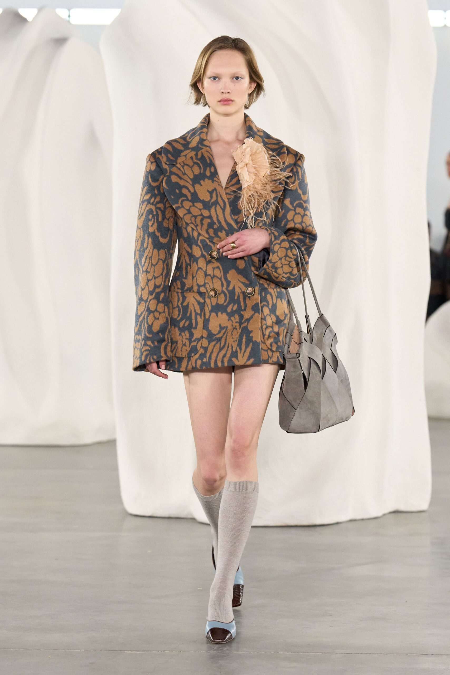 brown cotton long-sleeve collared structured printed blazer