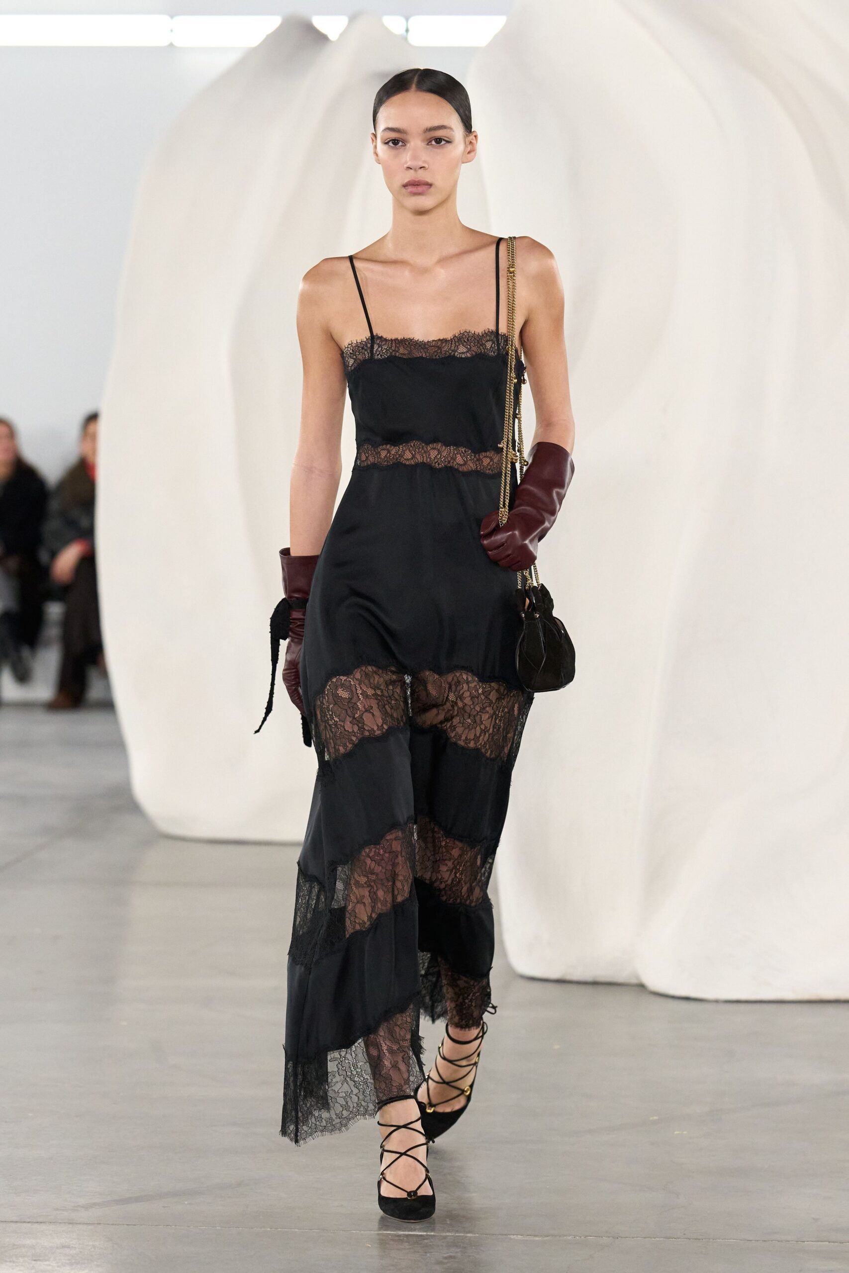 black silk sleeveless v-neck fitted layered ruffled dress