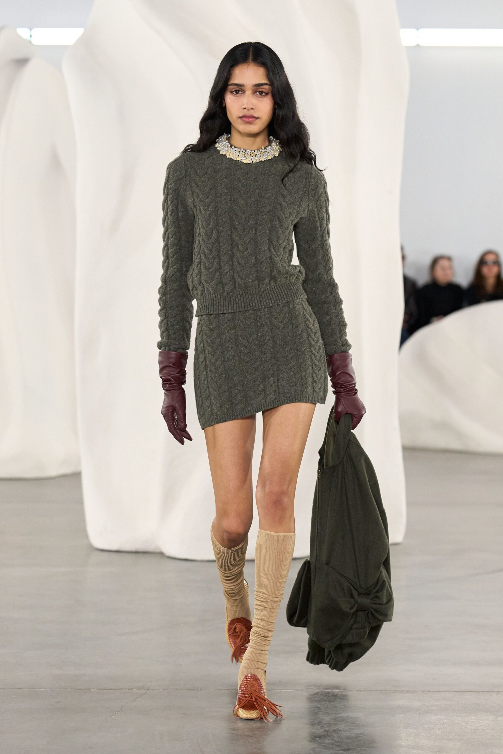 green wool long-sleeve high-neck fitted ribbed mini dress