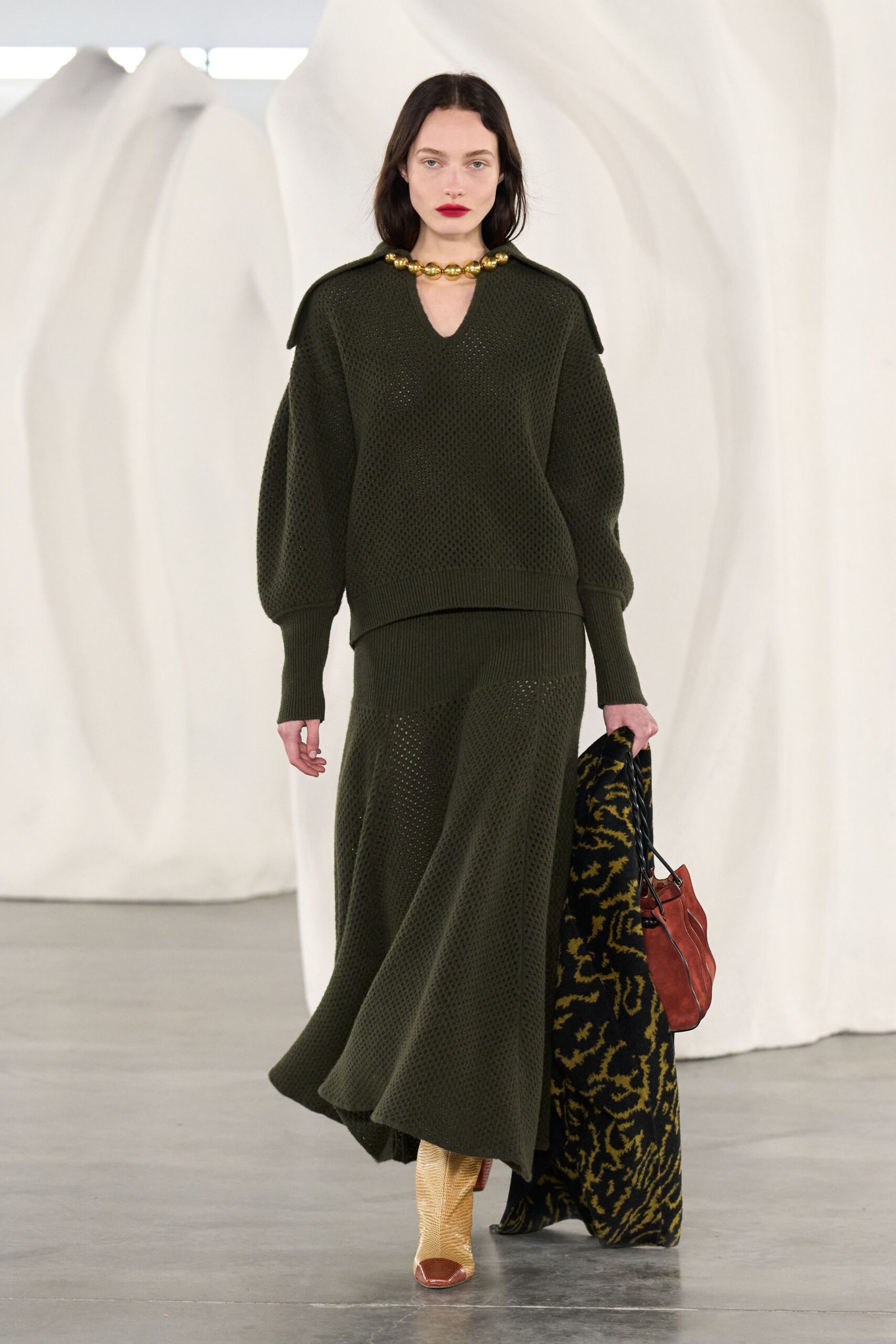 green knit fitted tiered textured midi skirt