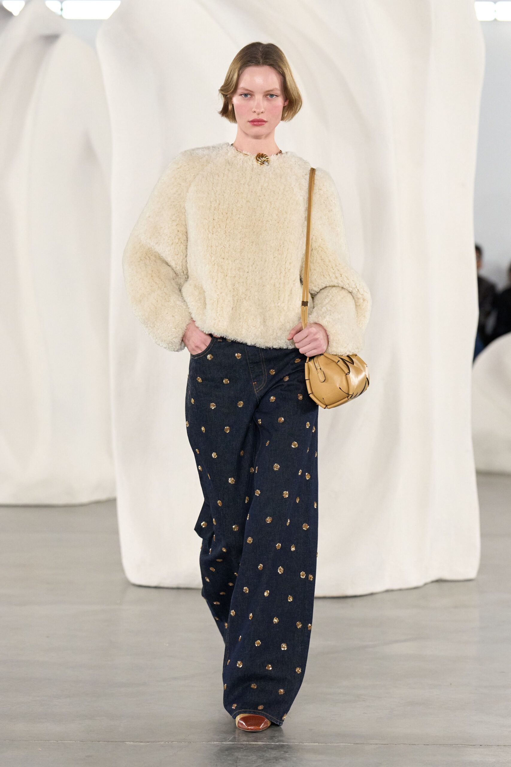white fur long-sleeve collared relaxed textured sweater