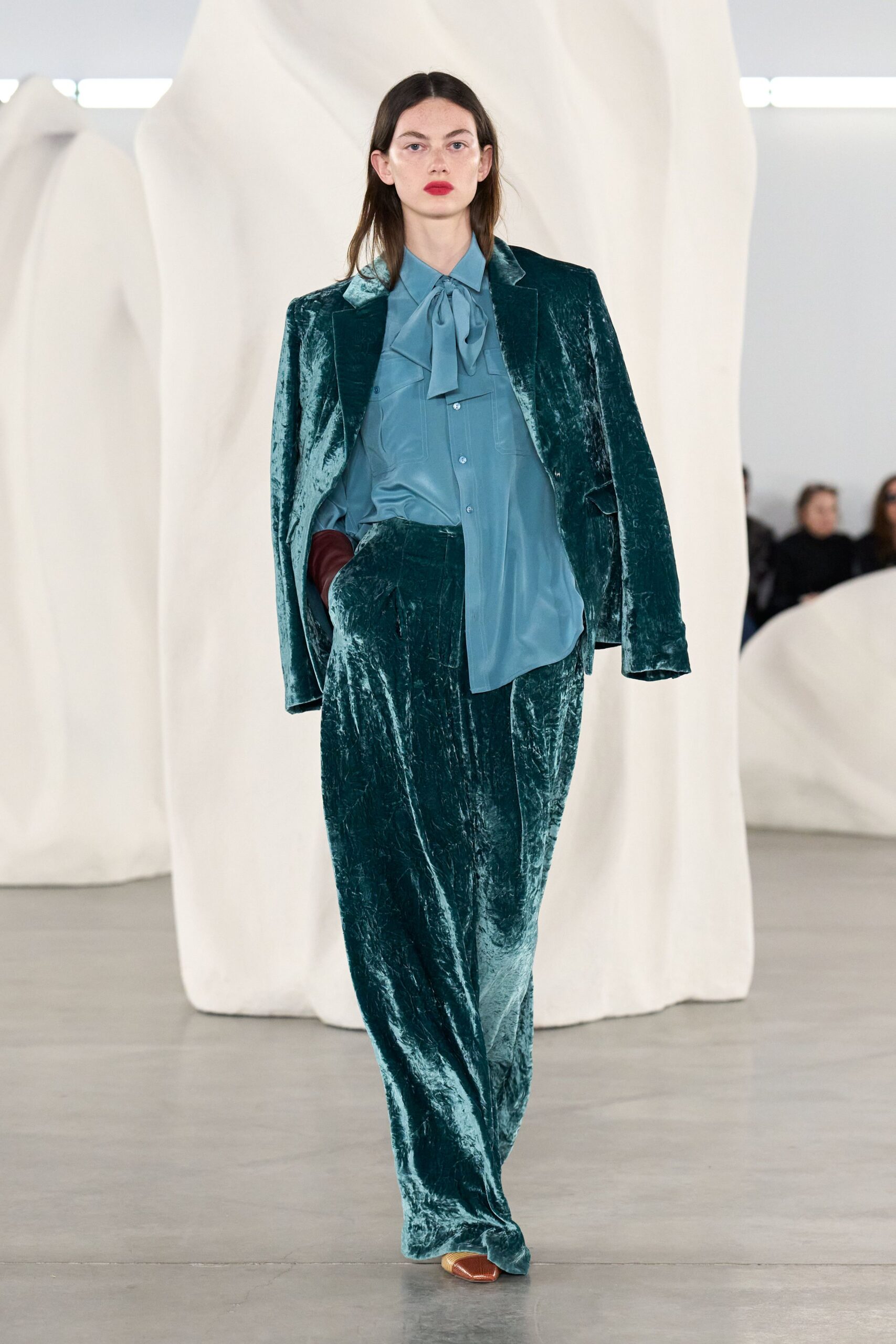 teal velvet long-sleeve collared tailored buttoned pleated suit