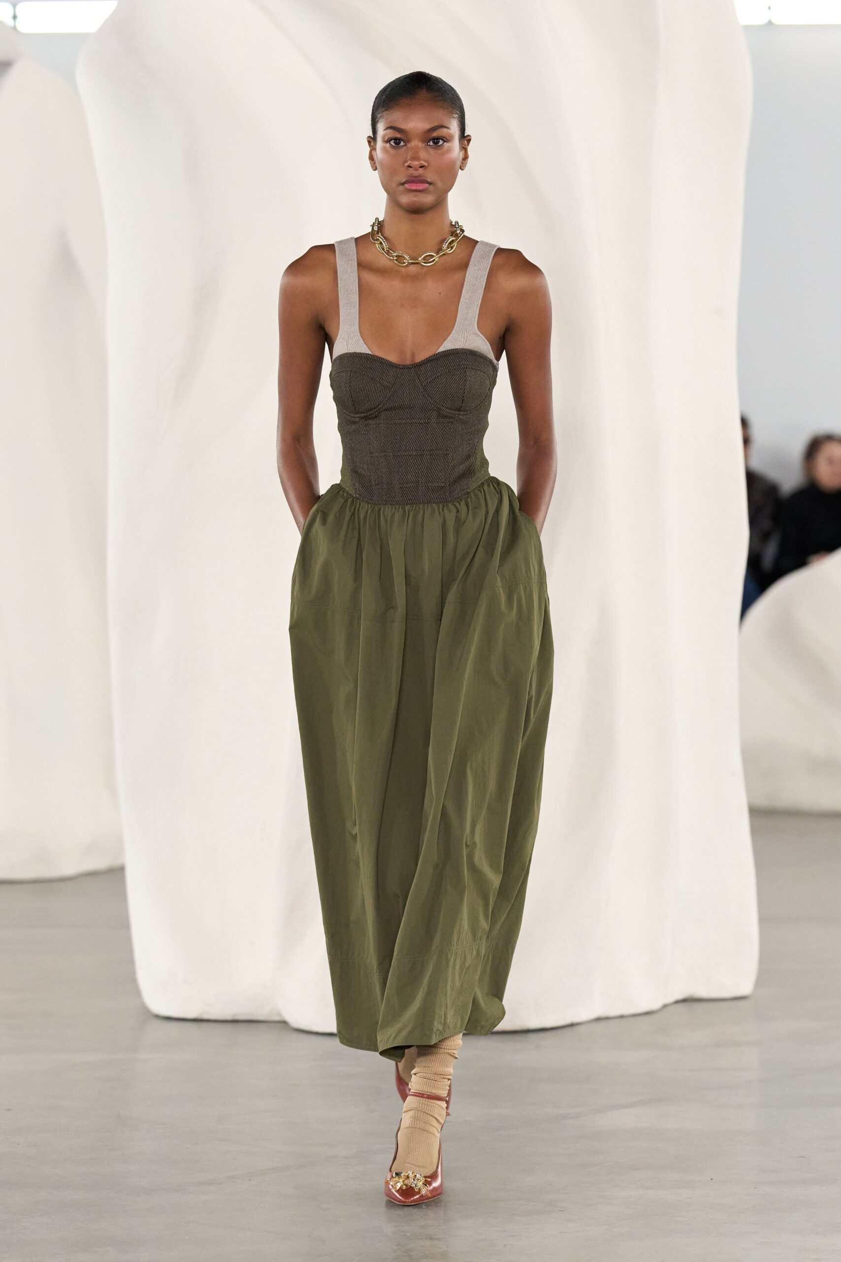 brown cotton sleeveless v-neck fitted pleated maxi dress