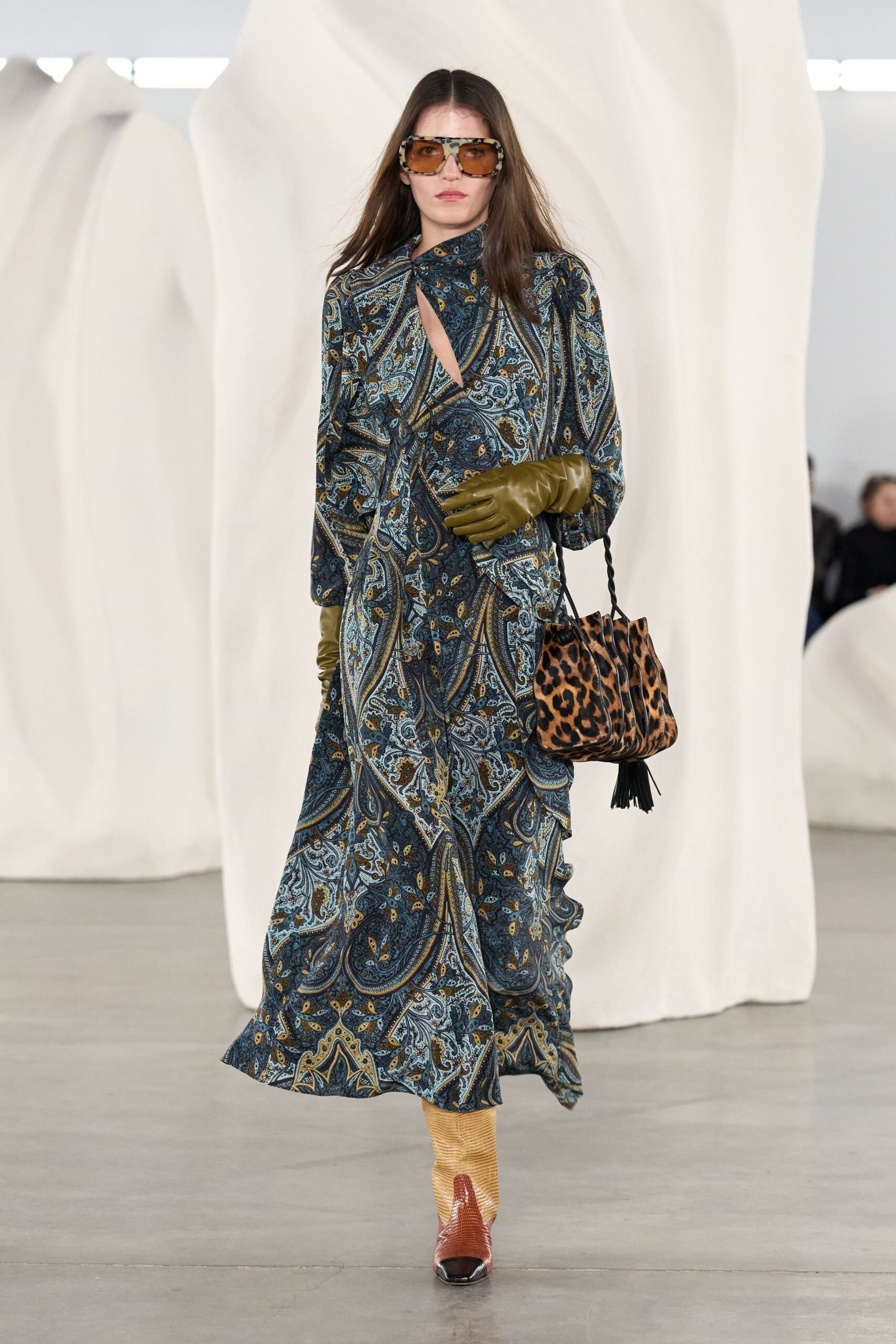blue silk long-sleeve v-neck fitted flared printed dress