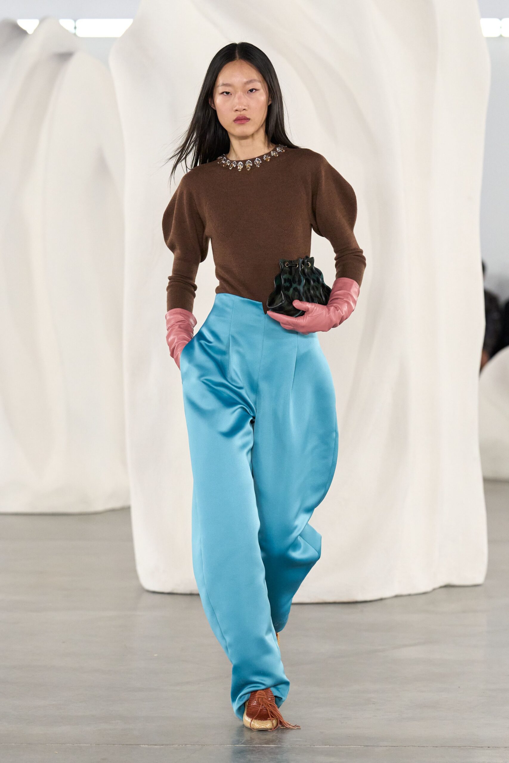 brown wool long-sleeve collared fitted padded top