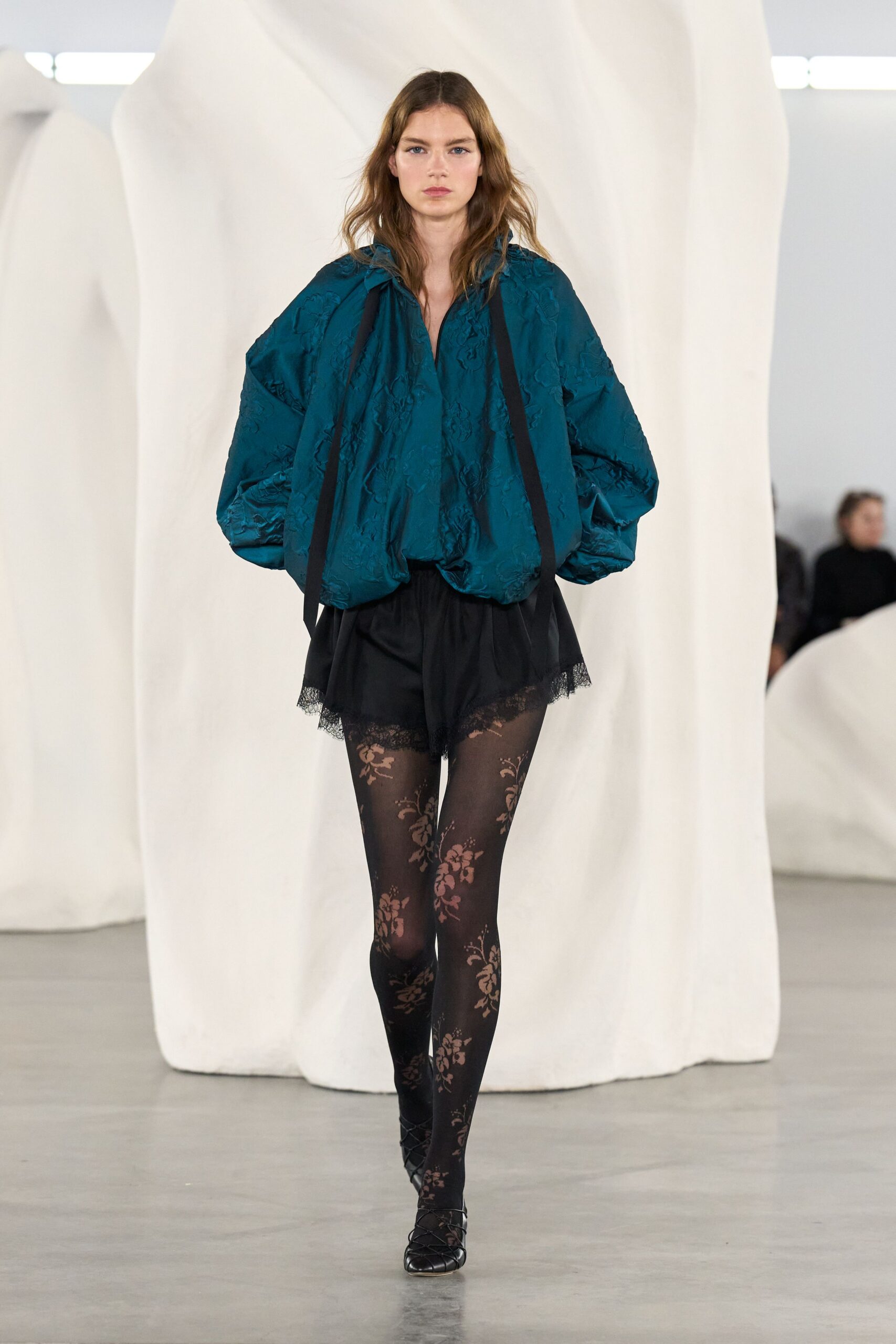 teal silk long-sleeve collared oversized ruffled top