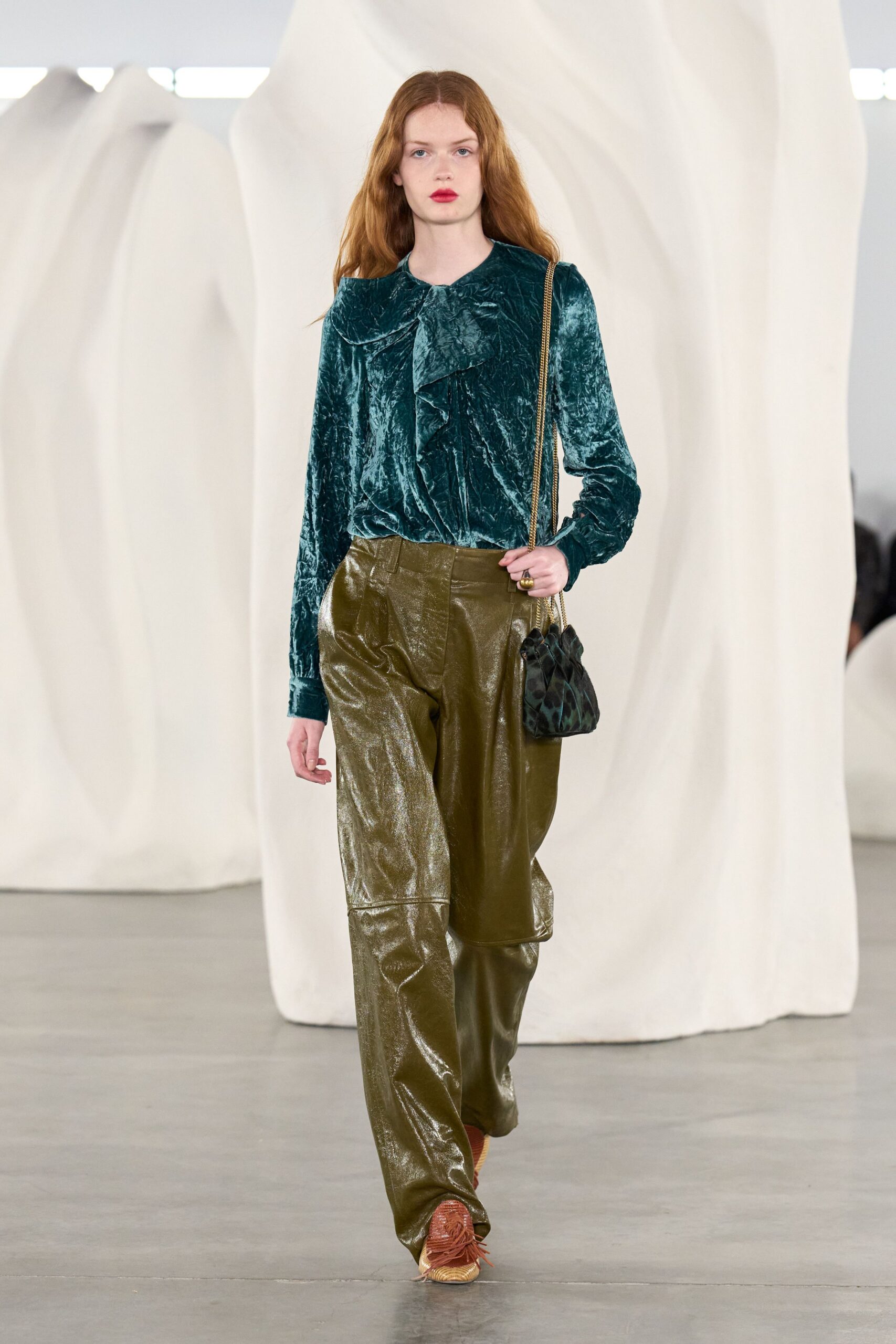 green silk relaxed pleated shiny pants