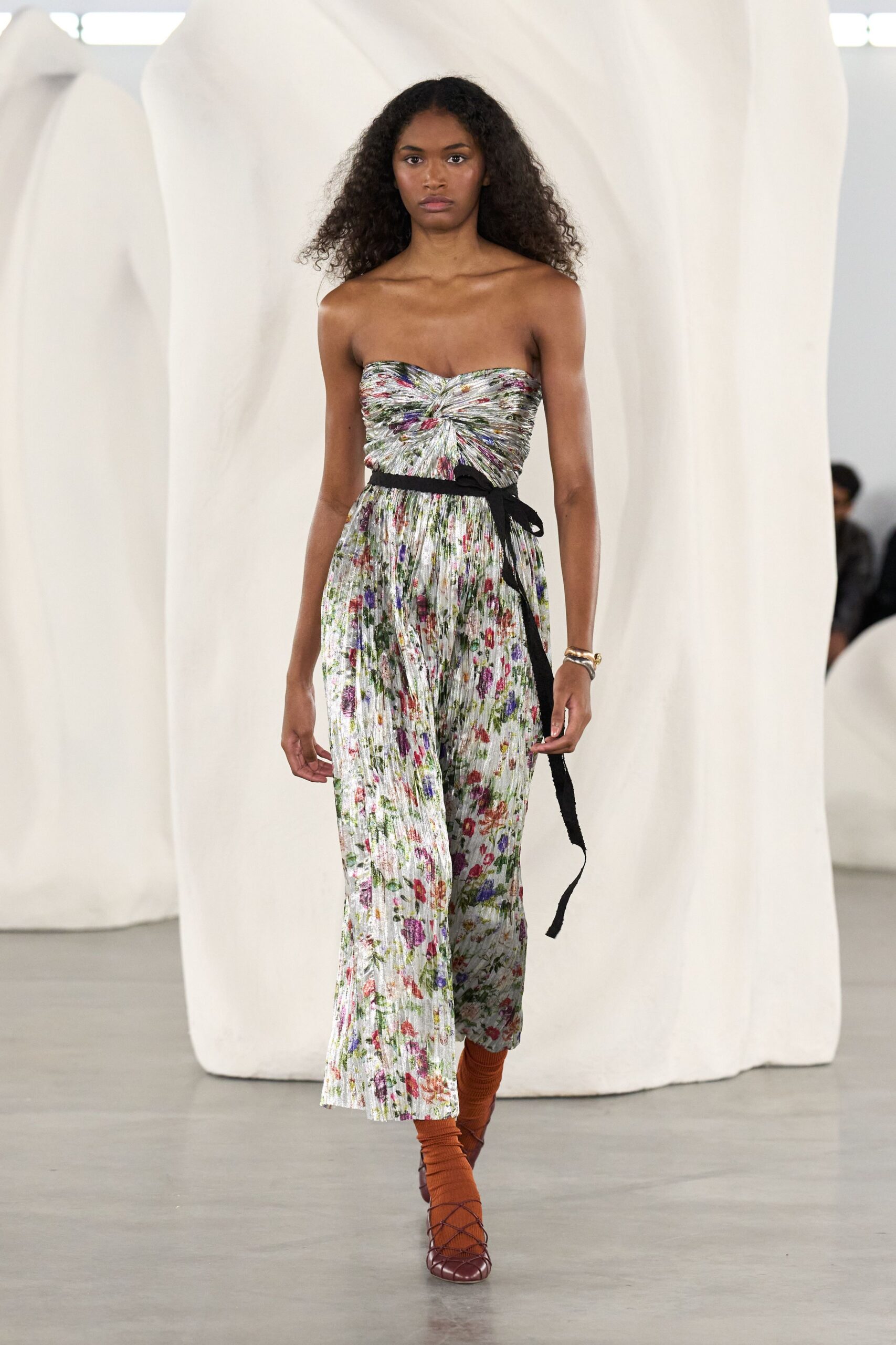 multi silk strapless fitted floral belted midi jumpsuit