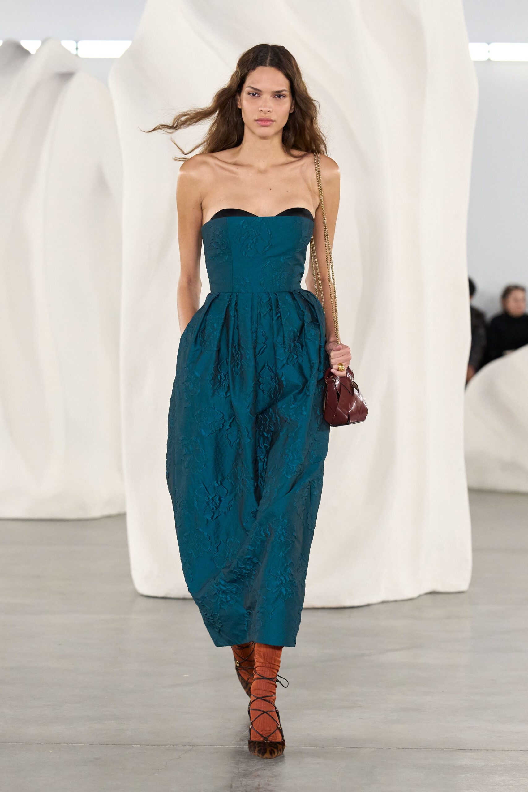 teal silk strapless fitted pleated midi gown