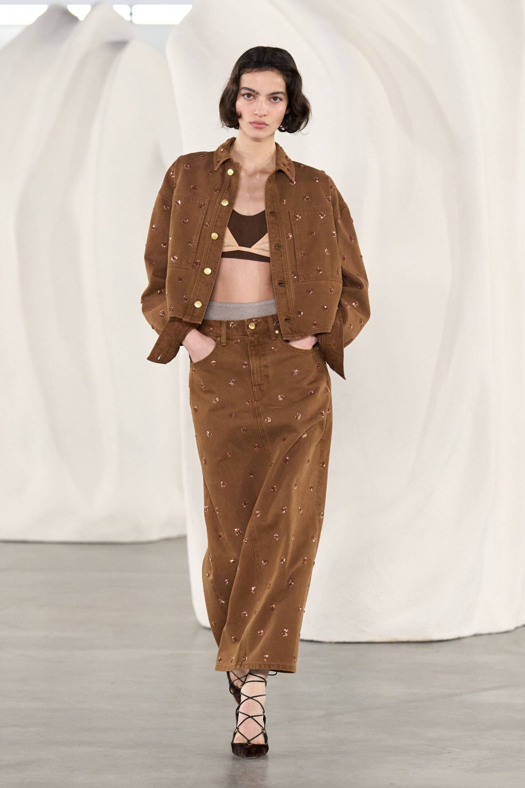 brown cotton fitted straight-leg embroidered midi skirt