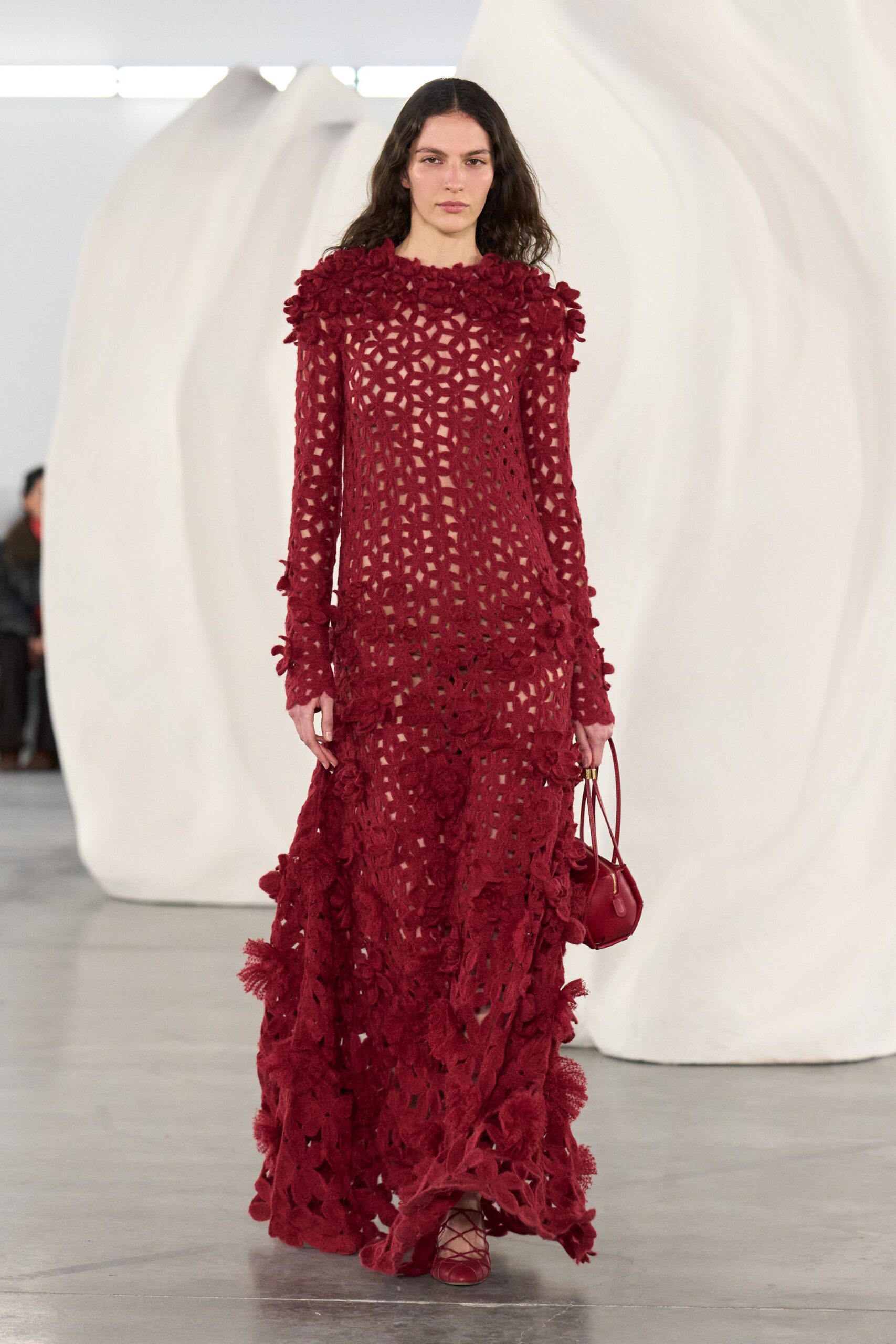 red lace long-sleeve v-neck fitted embroidered tiered gown