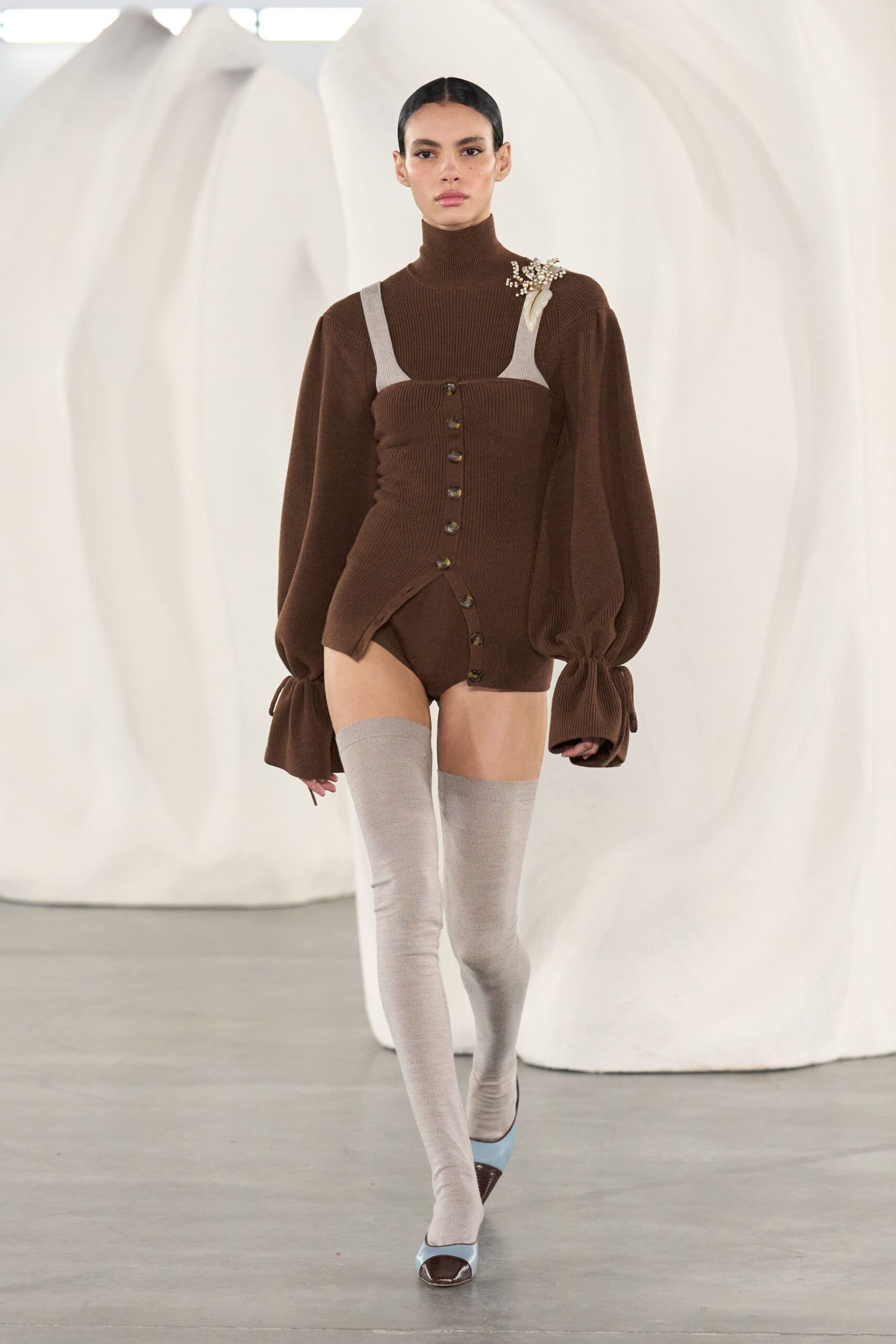 brown knit long-sleeve turtleneck fitted buttoned top