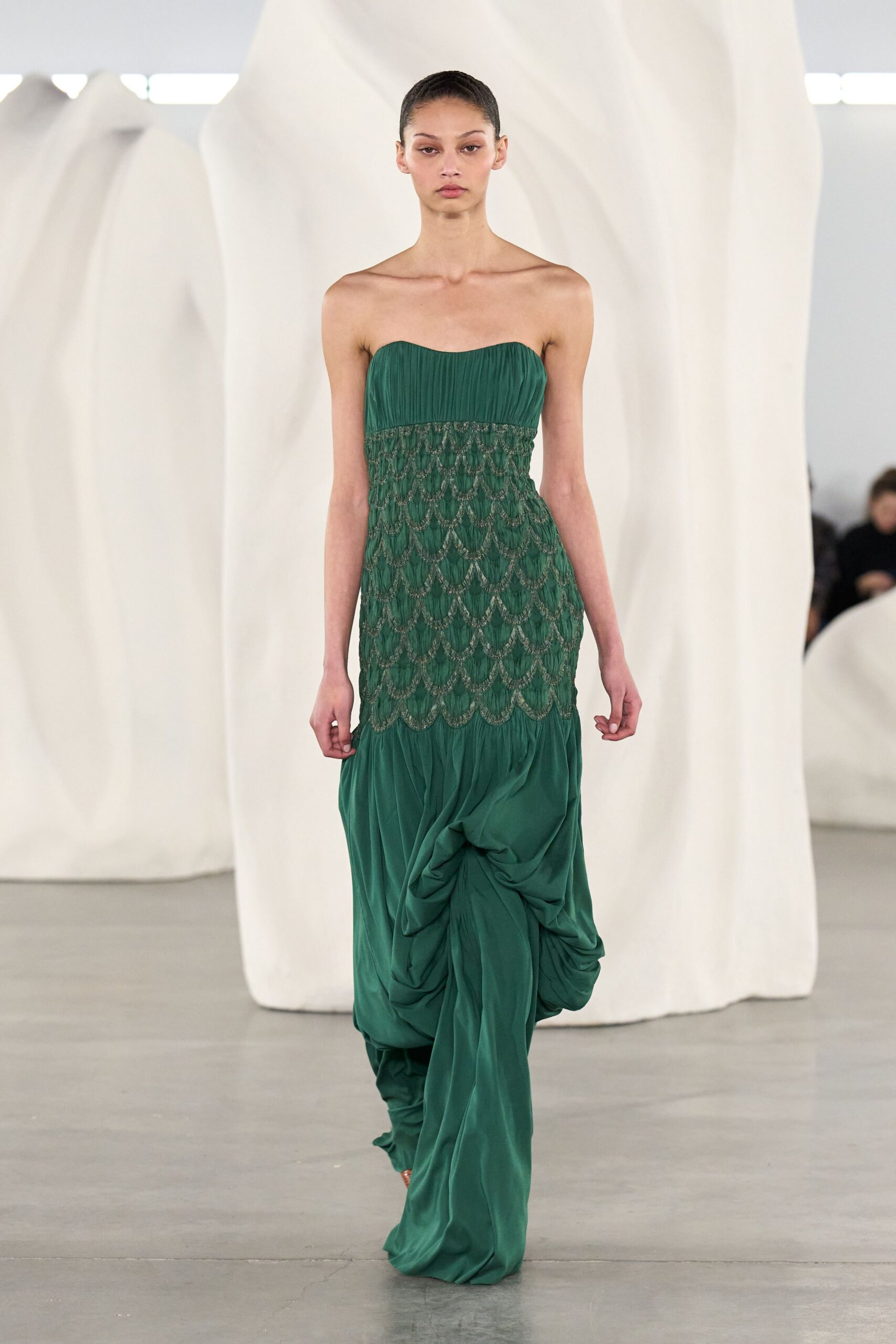 green silk strapless gown