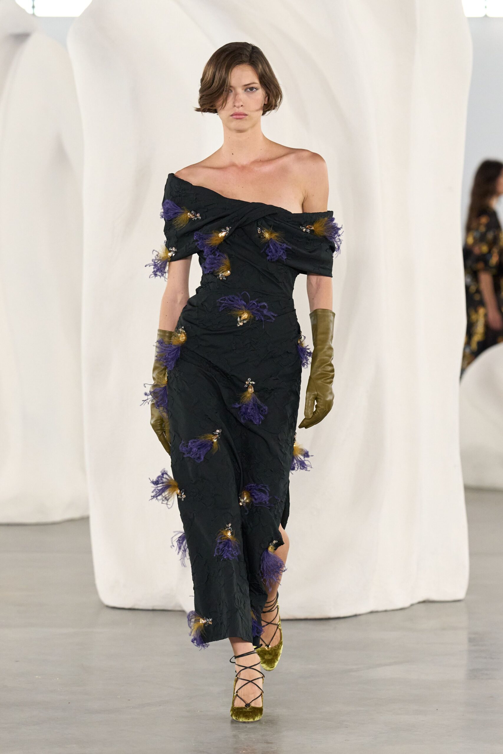 black silk off-shoulder fitted embroidered maxi gown