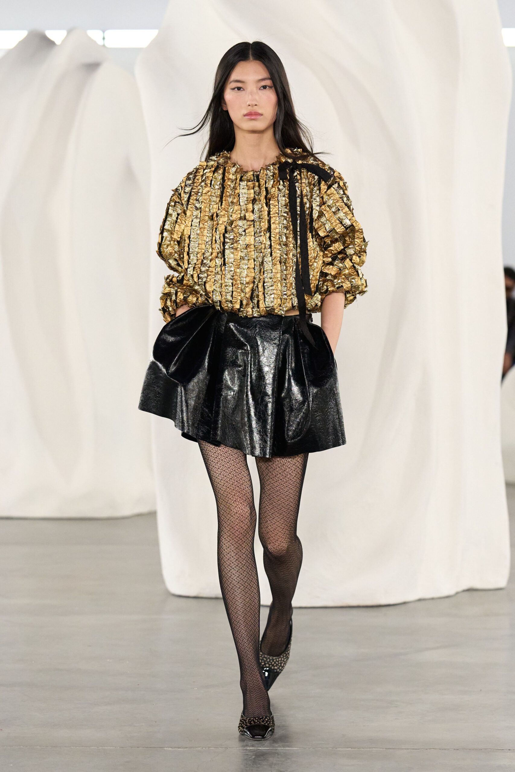 gold silk long-sleeve high-neck relaxed pleated shiny top