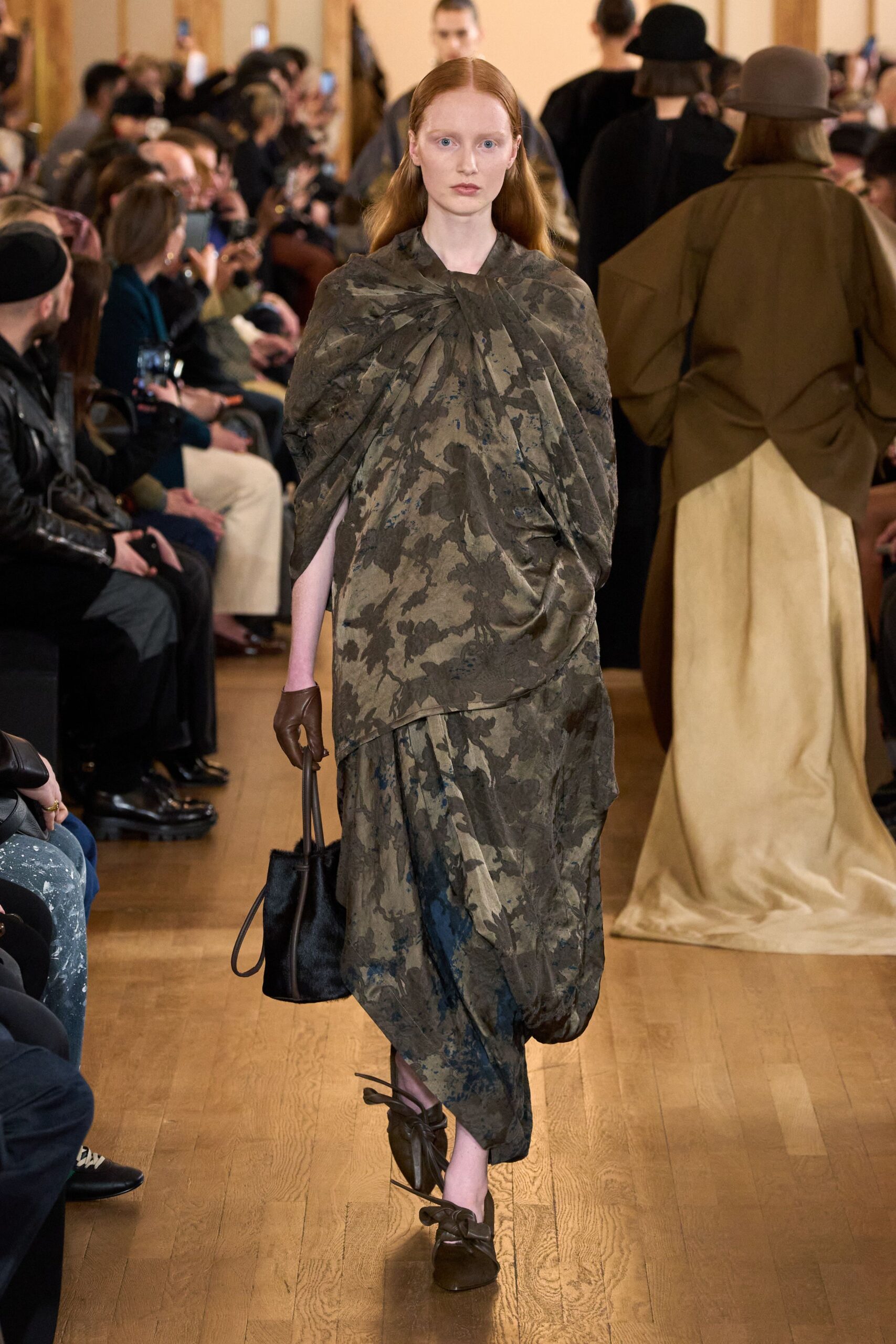 green silk sleeveless v-neck relaxed camouflage draped dress