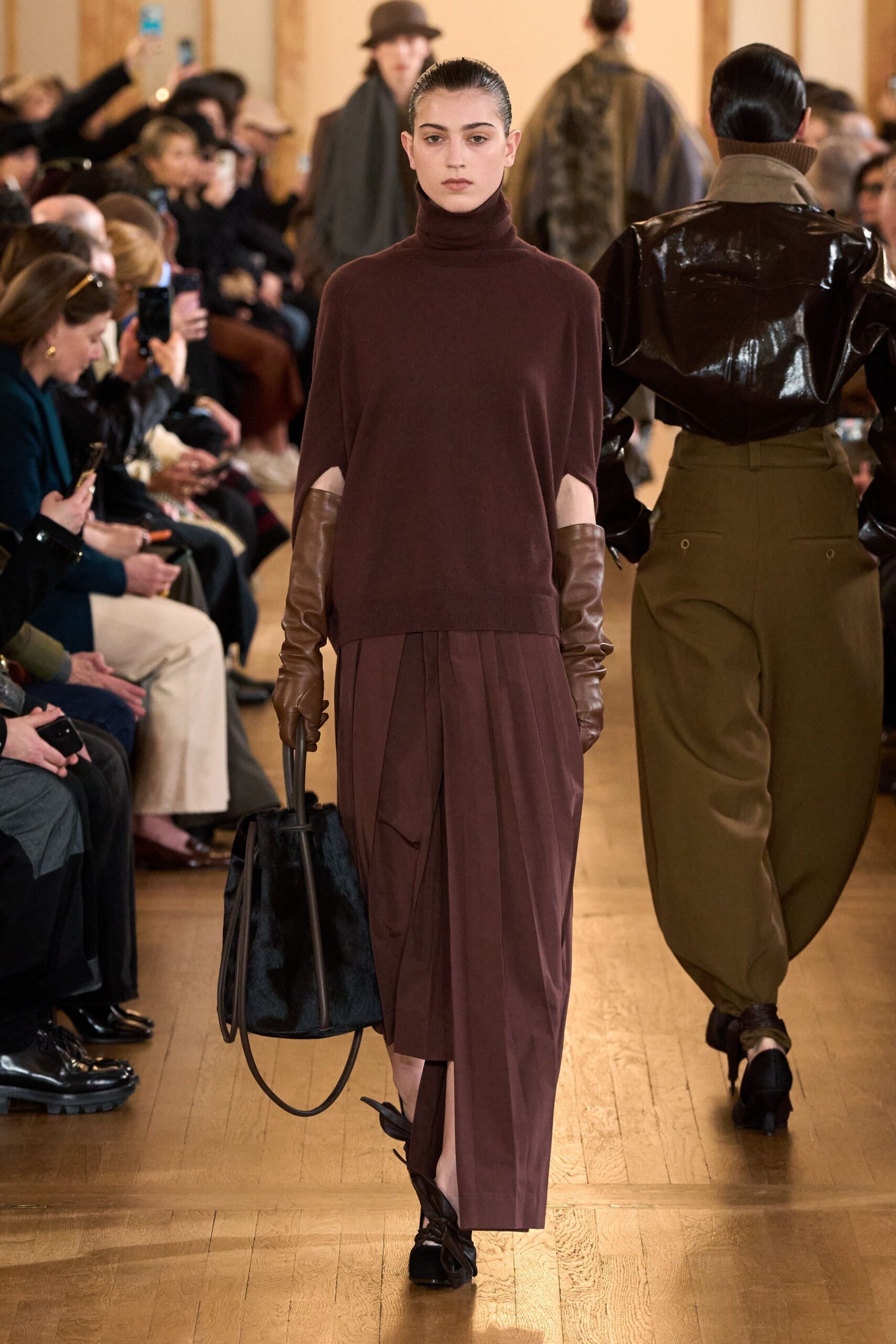 brown wool long-sleeve turtleneck relaxed pleated top