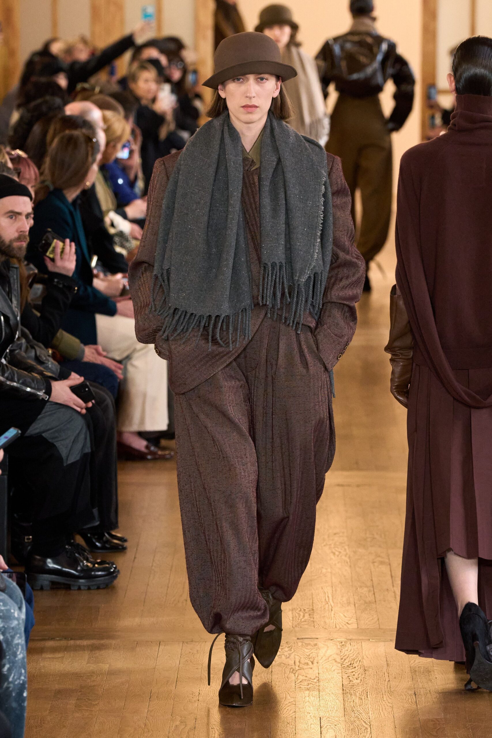 brown wool relaxed pleated pants