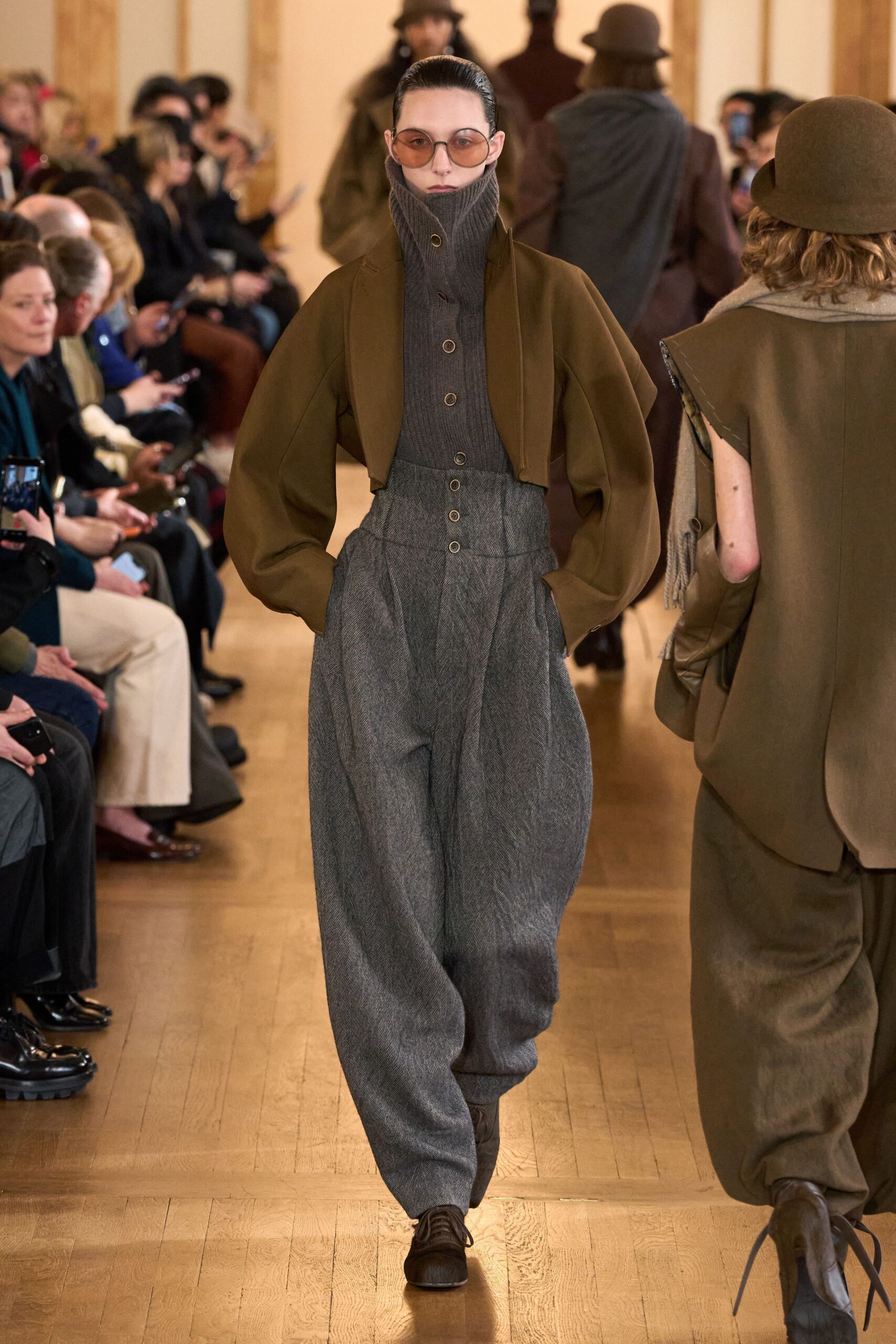 brown wool long-sleeve collared relaxed buttoned jacket