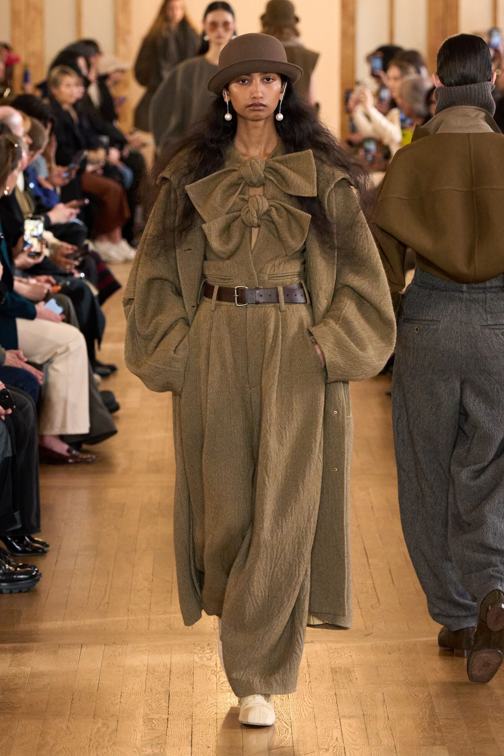 brown wool long-sleeve collared relaxed belted pleated dress