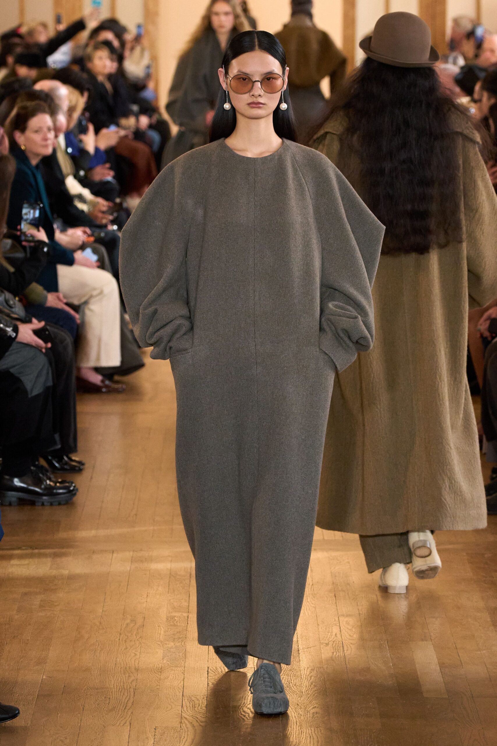 gray wool long-sleeve collared oversized maxi dress