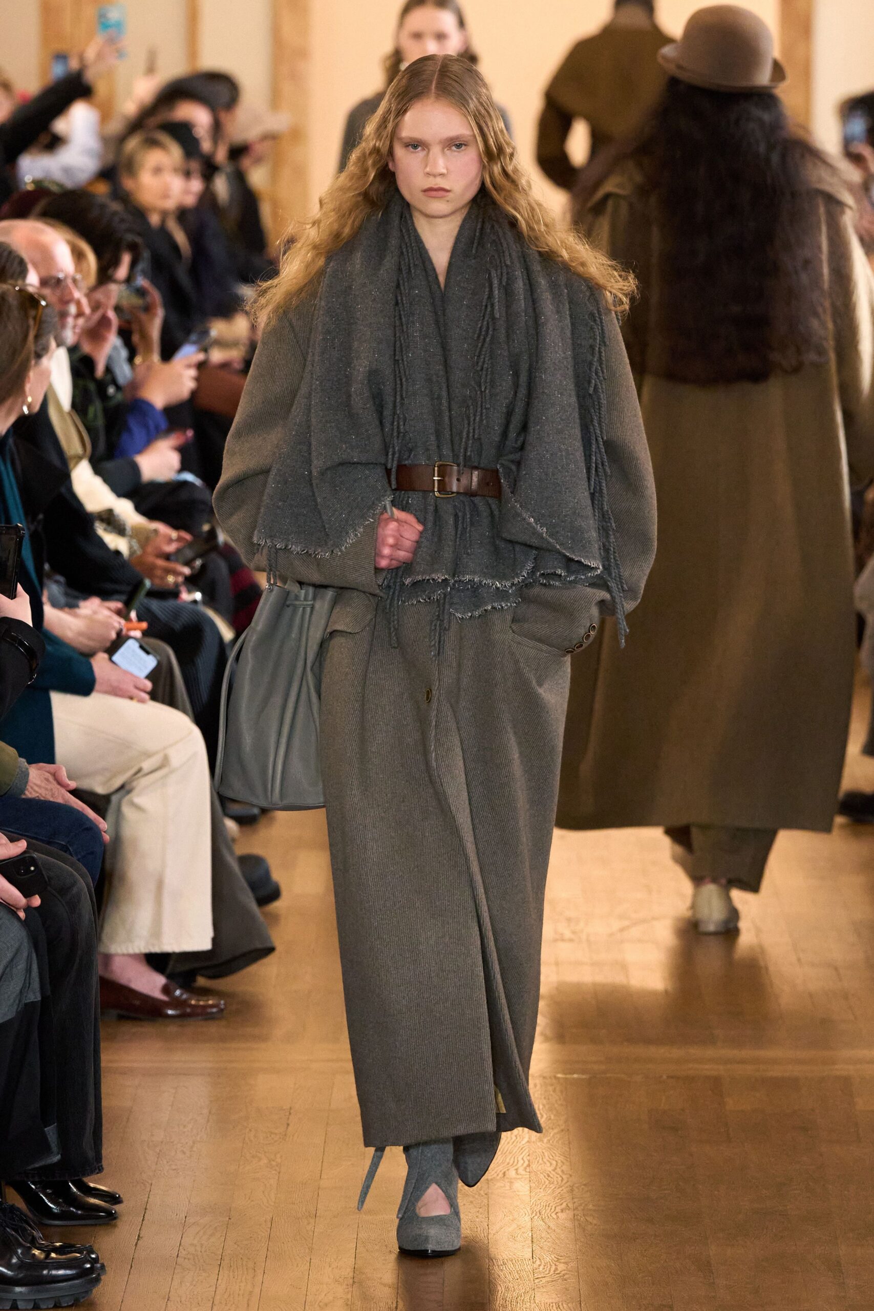 gray wool long-sleeve collared relaxed belted maxi coat