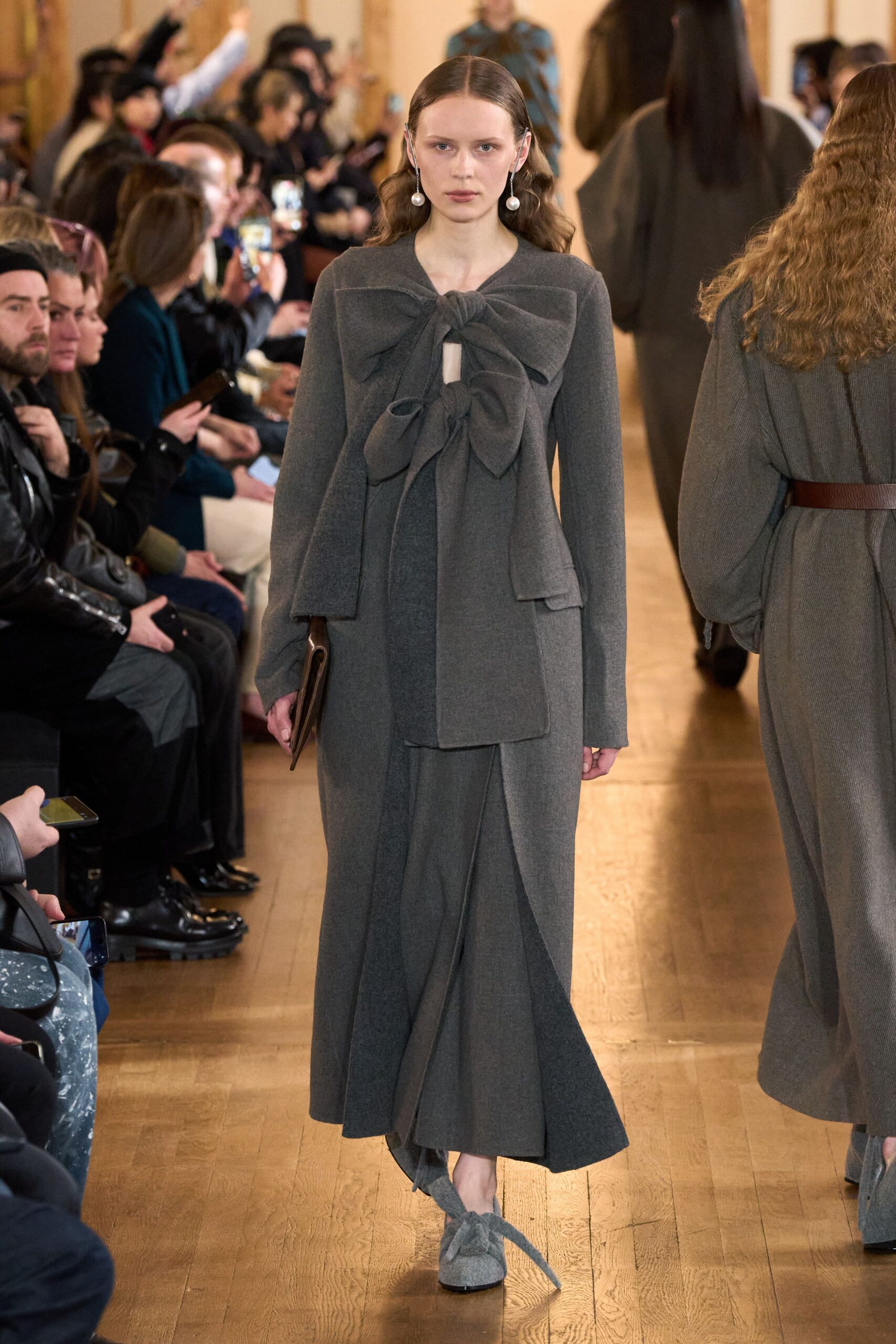 gray wool long-sleeve collared fitted draped belted coat