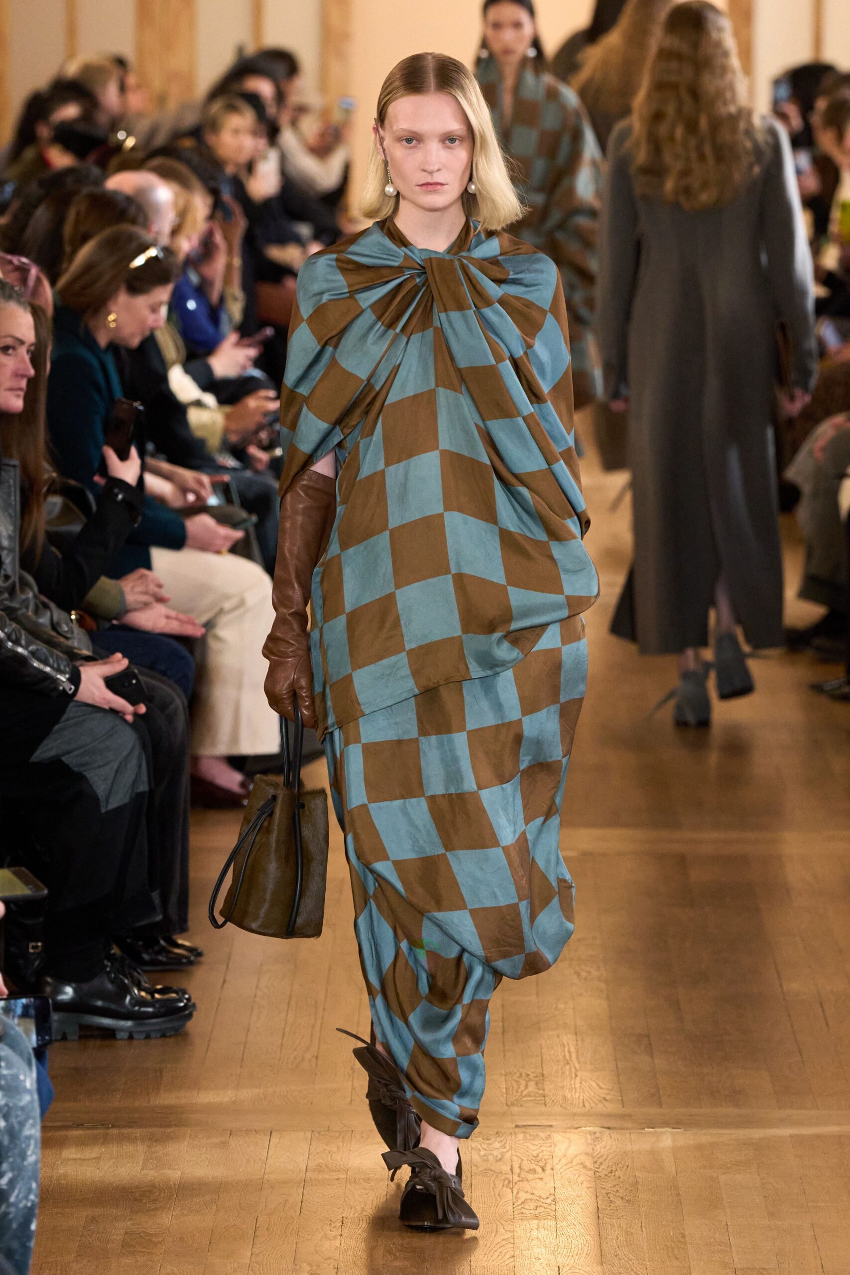 blue silk long-sleeve high-neck relaxed checked draped dress