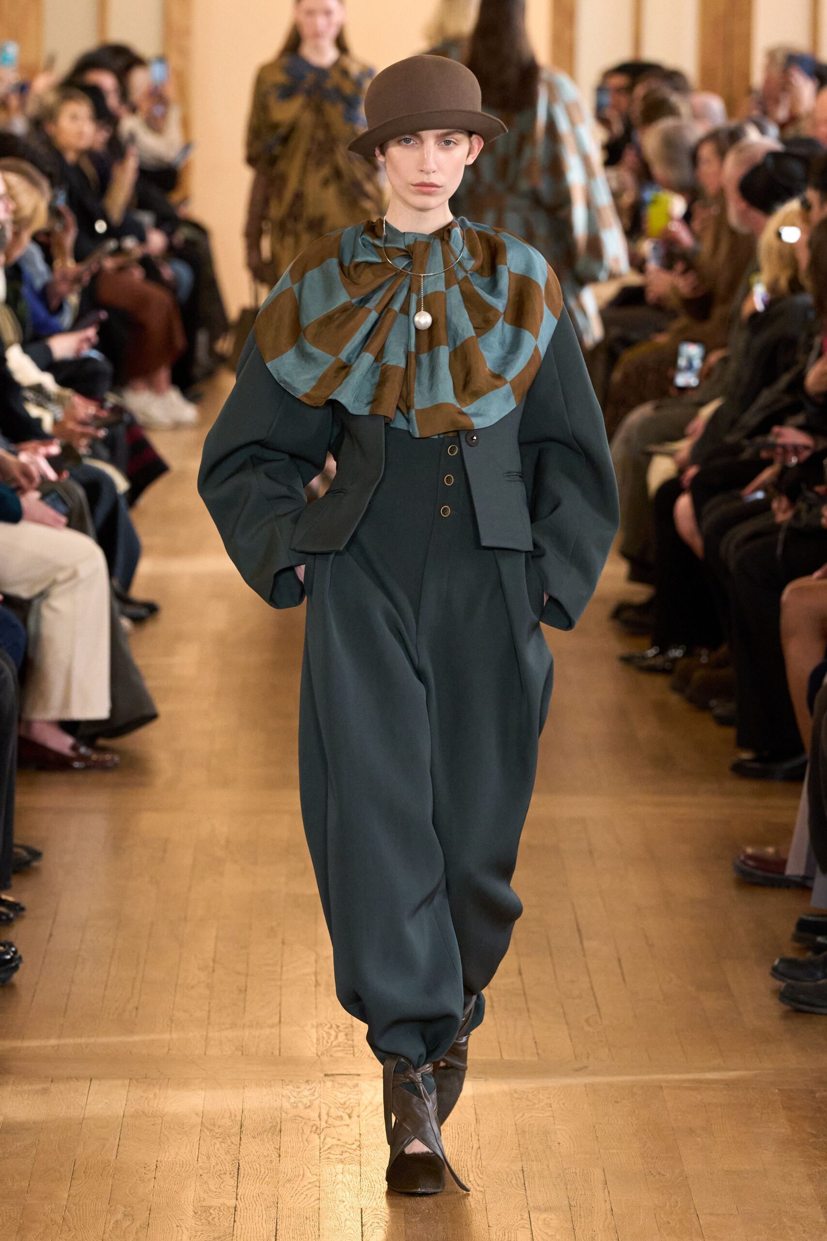 green wool long-sleeve collared relaxed buttoned jumpsuit